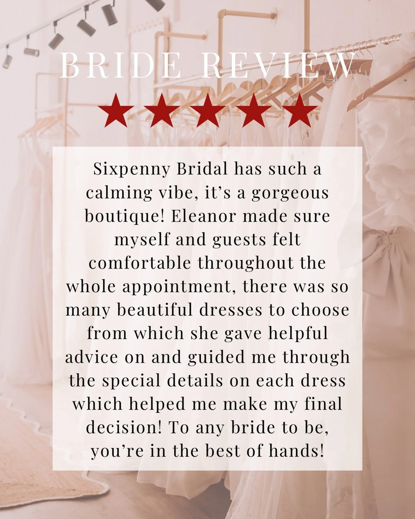 Bride review ✨

It means so much to hear your kind words following your appointments! 

For brides to be looking for the one, come see us! We&rsquo;re back open in March and taking appointments on our website 🥰

#googereview #realreview #happybride 