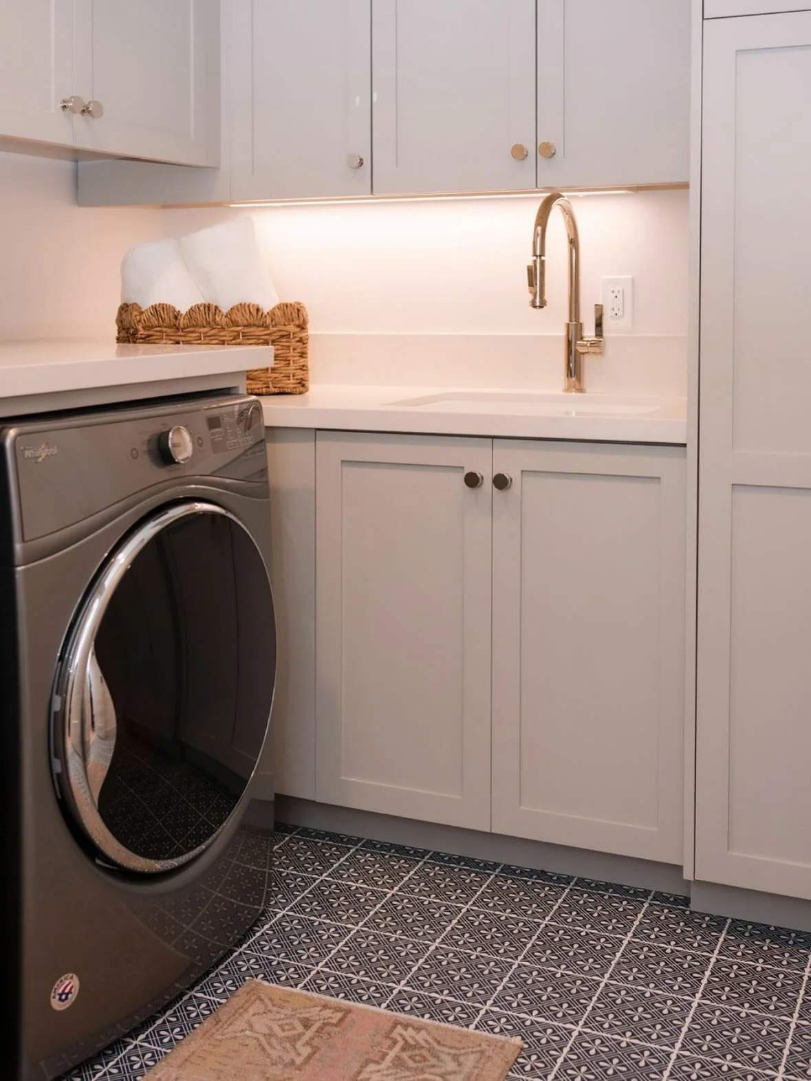 This designer is finally designing her own Laundry/Mudroom &amp; drawing inspiration from a couple of our past projects! Bring on the color, playful tile &amp; of course all the function for this workhorse of a room.

Interior Design @thirteenoak
Pho