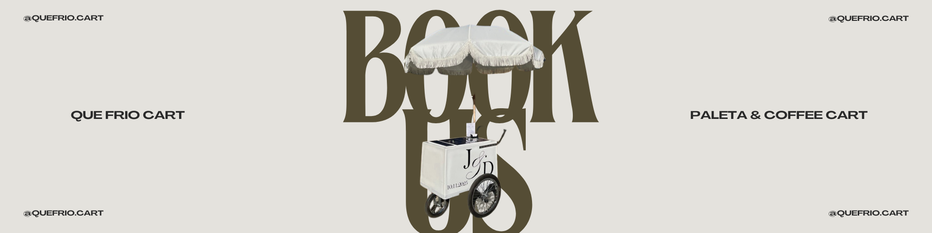 A street cart with a white umbrella, a small refrigerator, and wheels, set against a background with the word 'BOOK' in large letters and additional text advertising a 'Barrio Cart', 'Que Frio Cart', and 'Paleta & Coffee Cart'.