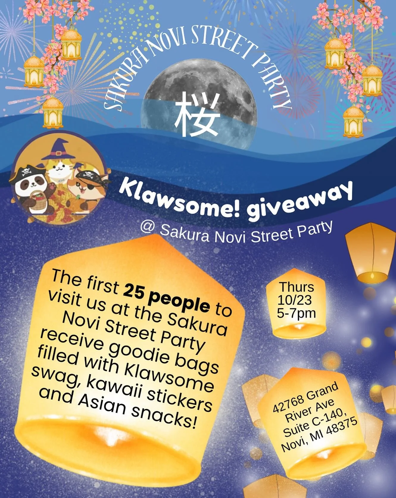Are you all ready for the Sakura Novi street party? 🎉🥳
Klawsome! sure is, and we’ll be offering free goodie bags filled with limited edition Klawsome! merch 👀✨, kawaii style stickers, and Asian themed snacks to the first 25 people who come