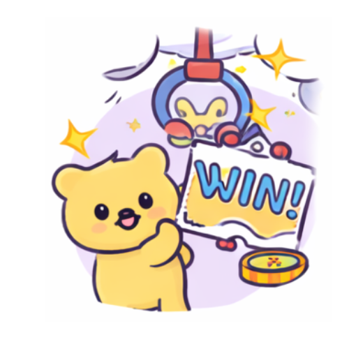A cartoon bear holding a flag with the word 'WIN!', with a hovercraft and stars in the background.
