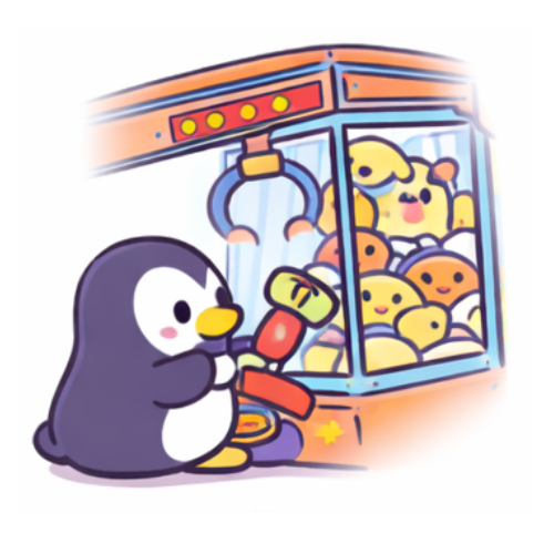 Cute cartoon penguin playing a claw machine filled with plush toys.