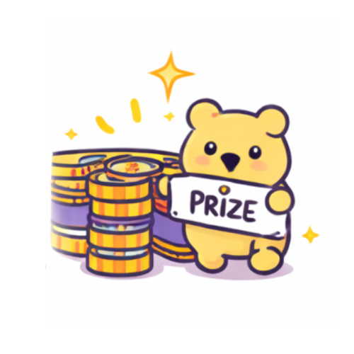 A cute cartoon bear holding a sign that says "Prize" next to stacks of gold and purple coins with sparkles and stars.