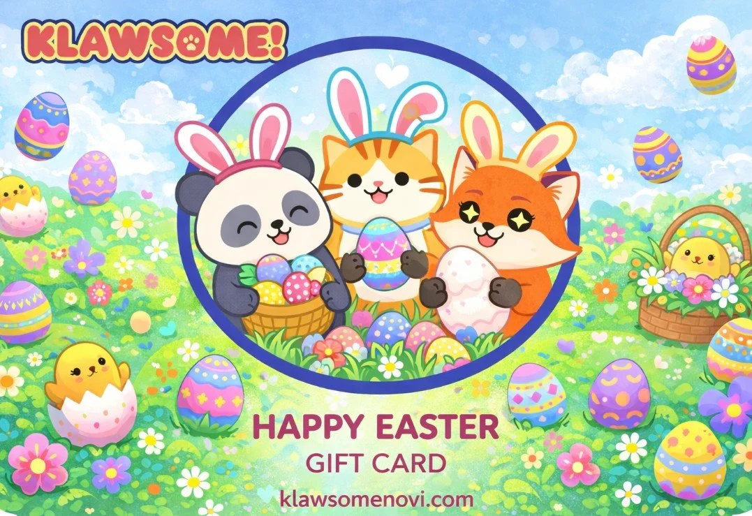 Colorful Easter-themed illustration with cartoon animals including a panda, a cat, and a fox holding decorated eggs, surrounded by Easter eggs, flowers, and chicks in a grassy field. Text reads "KLAWSOME!", "HAPPY EASTER GIFT CARD," and "klawsomenovi.com."