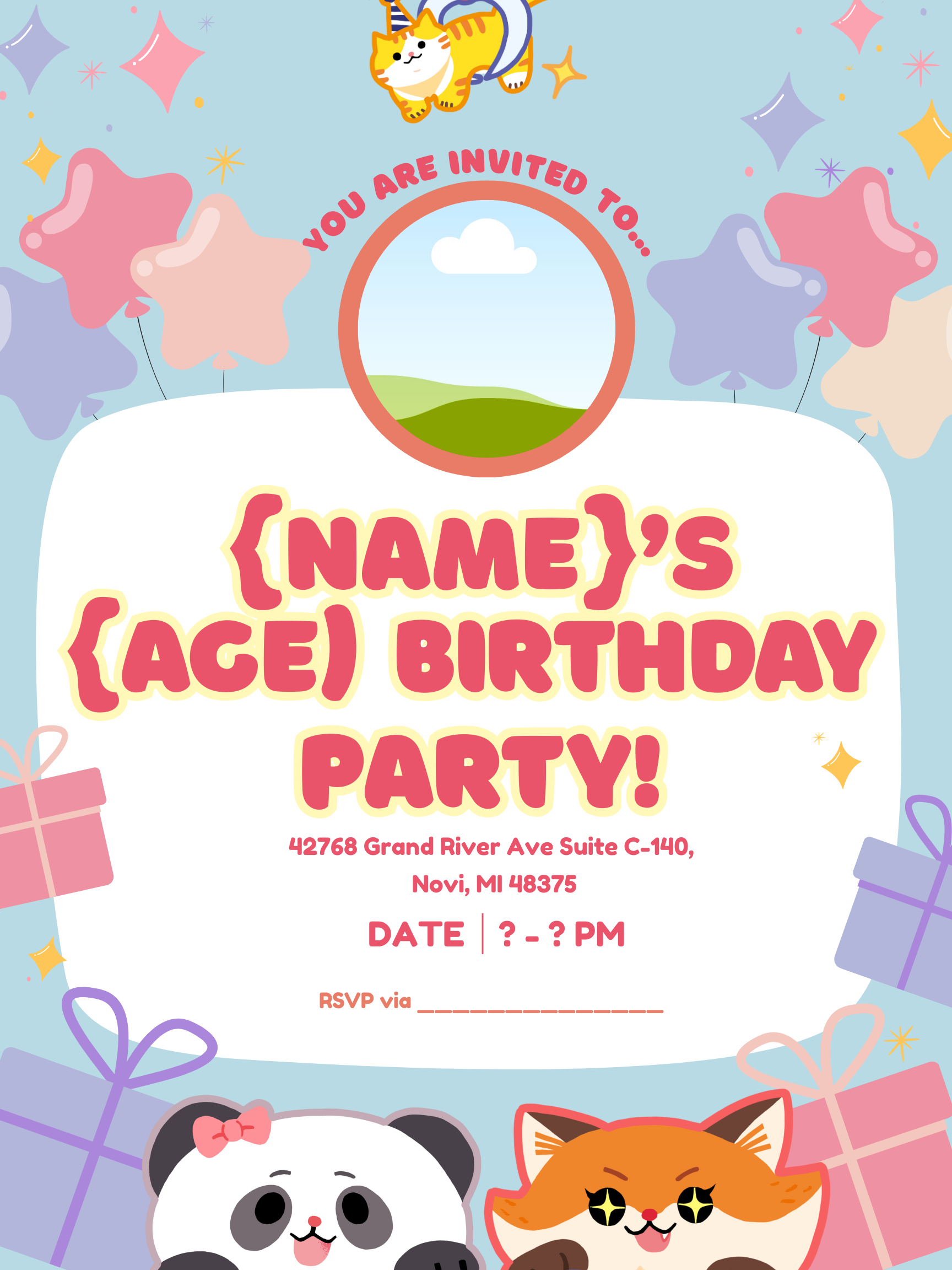 A birthday party invitation featuring colorful balloons and star-shaped decorations. The illustration includes a cute panda and a smiling cat at the bottom, with a hanging cat and a tiger at the top. The text invites recipients to a birthday celebration at a specified address with an RSVP line.