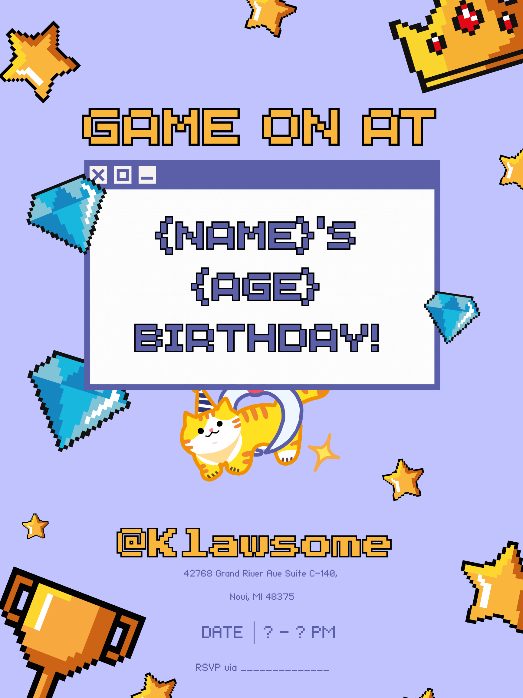 Digital birthday invitation featuring pixel art style with a cartoon cat in a party hat, diamonds, stars, a crown, and a trophy. Text reads 'Game on at' and placeholders for name, age, date, and RSVP information.