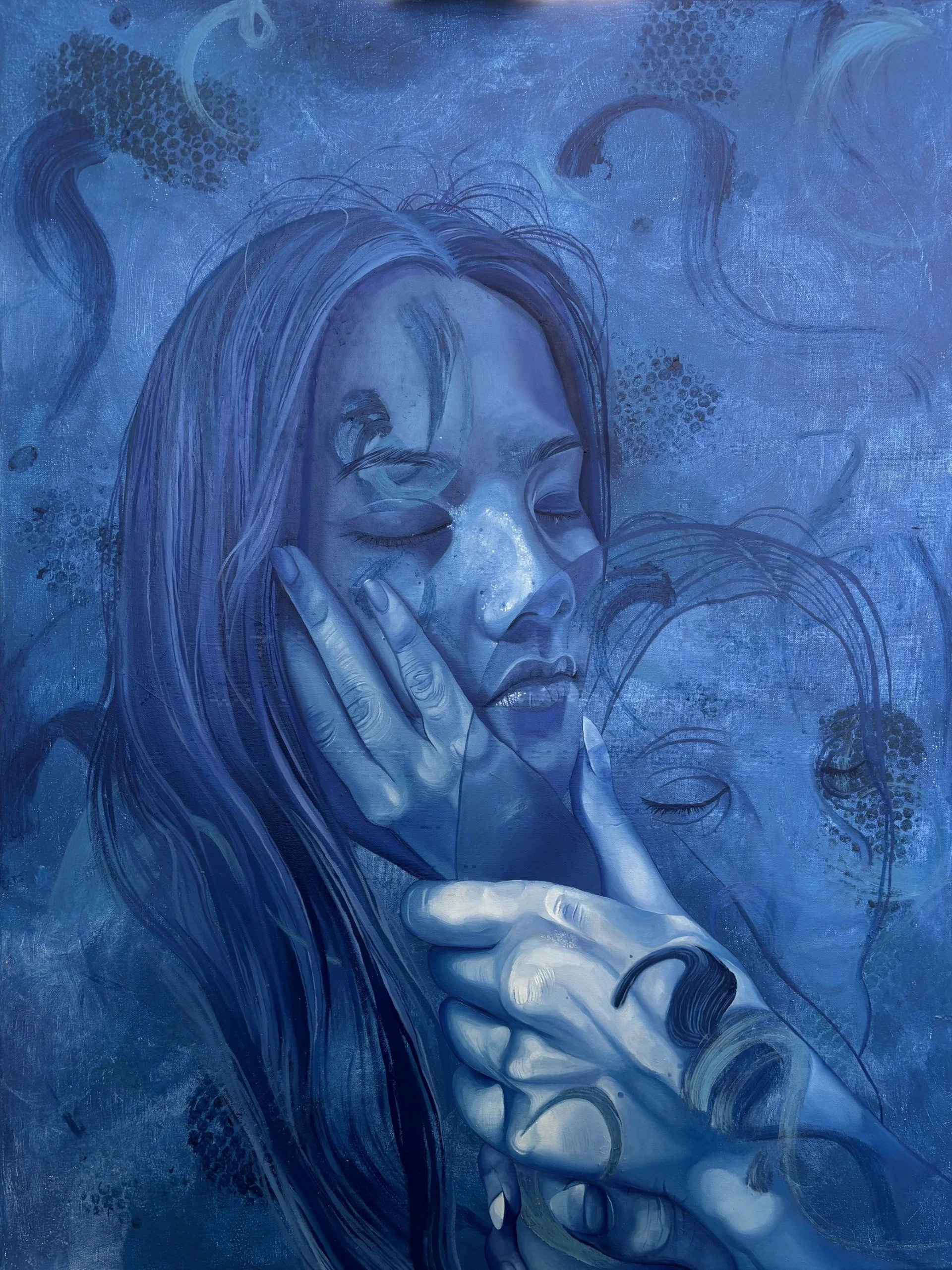 A blue-toned artwork of a woman with long hair, eyes closed, one hand resting on her face and the other under her chin, with a background of abstract shapes and patterns.
