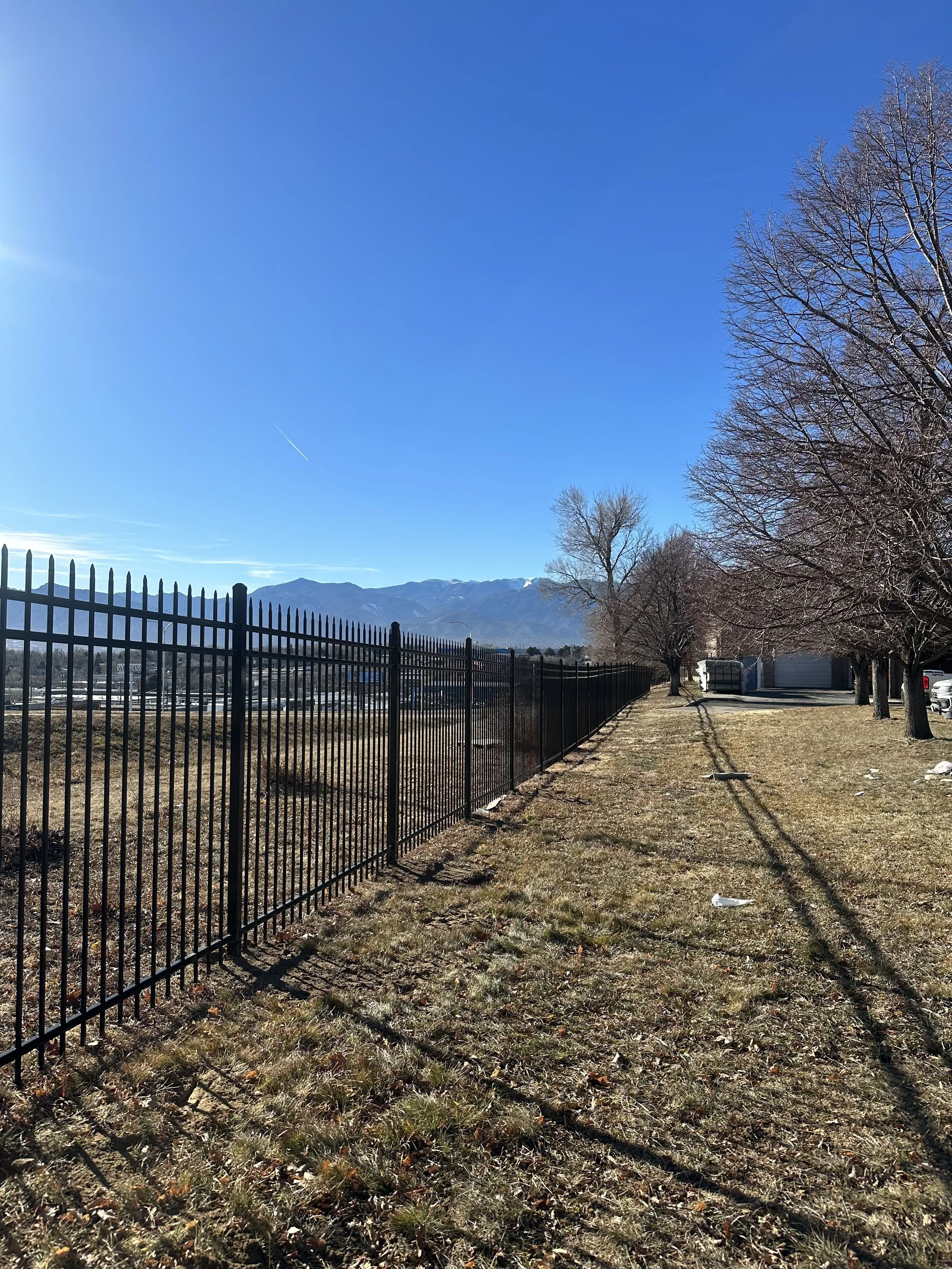 A grassy sidewalk lined with leafless trees on the right, and a black metal fence on the left. Mountains are in the background under a clear blue sky.