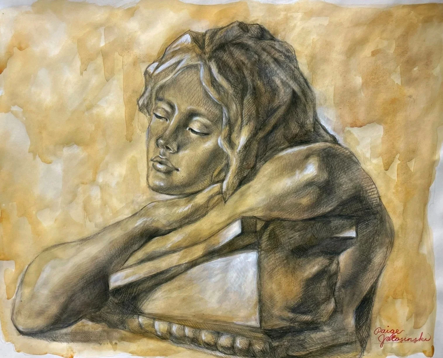 Drawing of a woman with closed eyes, resting her head on her arm on a table, with long wavy hair, in a sepia-toned background, by Paige Jalosinski.