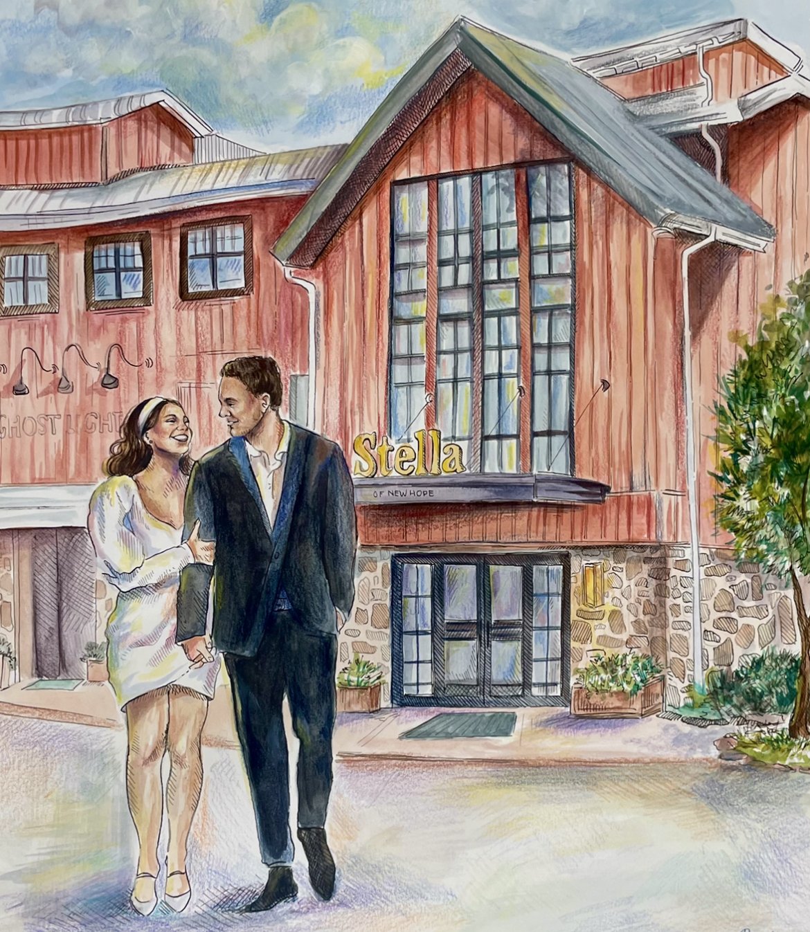 Engagement at Stella's: Pen & Ink, Colored Pencil, and Watercolor (16 in x 24 in)
