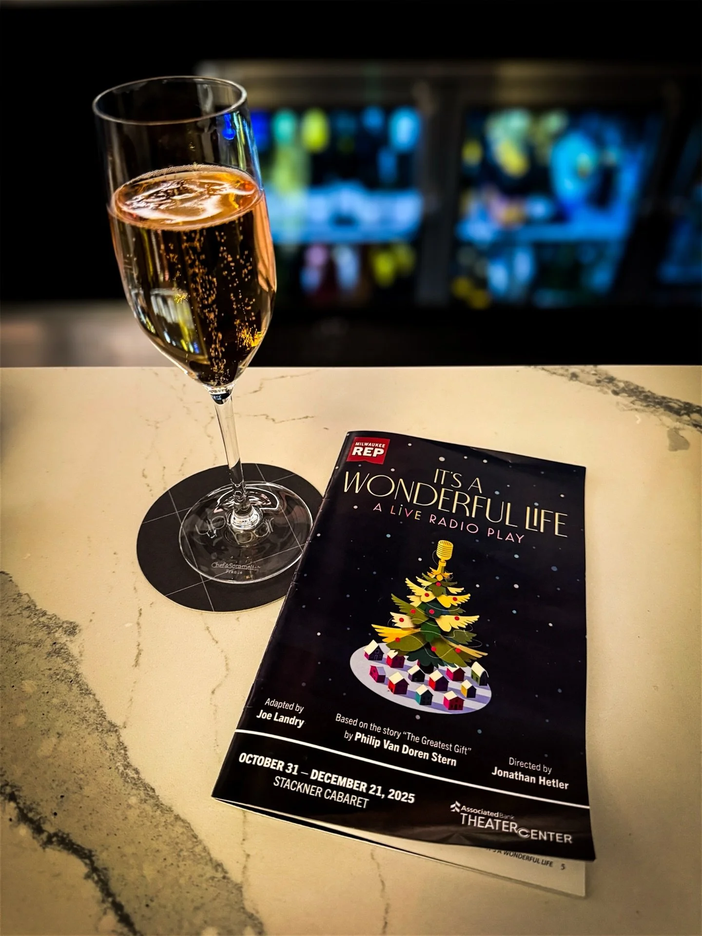 That it is ✨🙏🏼💛👼 #ItsAWonderfulLife
.
.
A little post-show bubbly  at @upperbarmke  after one hell of a production at @milwrep Stackner Cabaret. This radio show version of the iconic movie had me in tears, smiles, and sing alongs. What a joy it i
