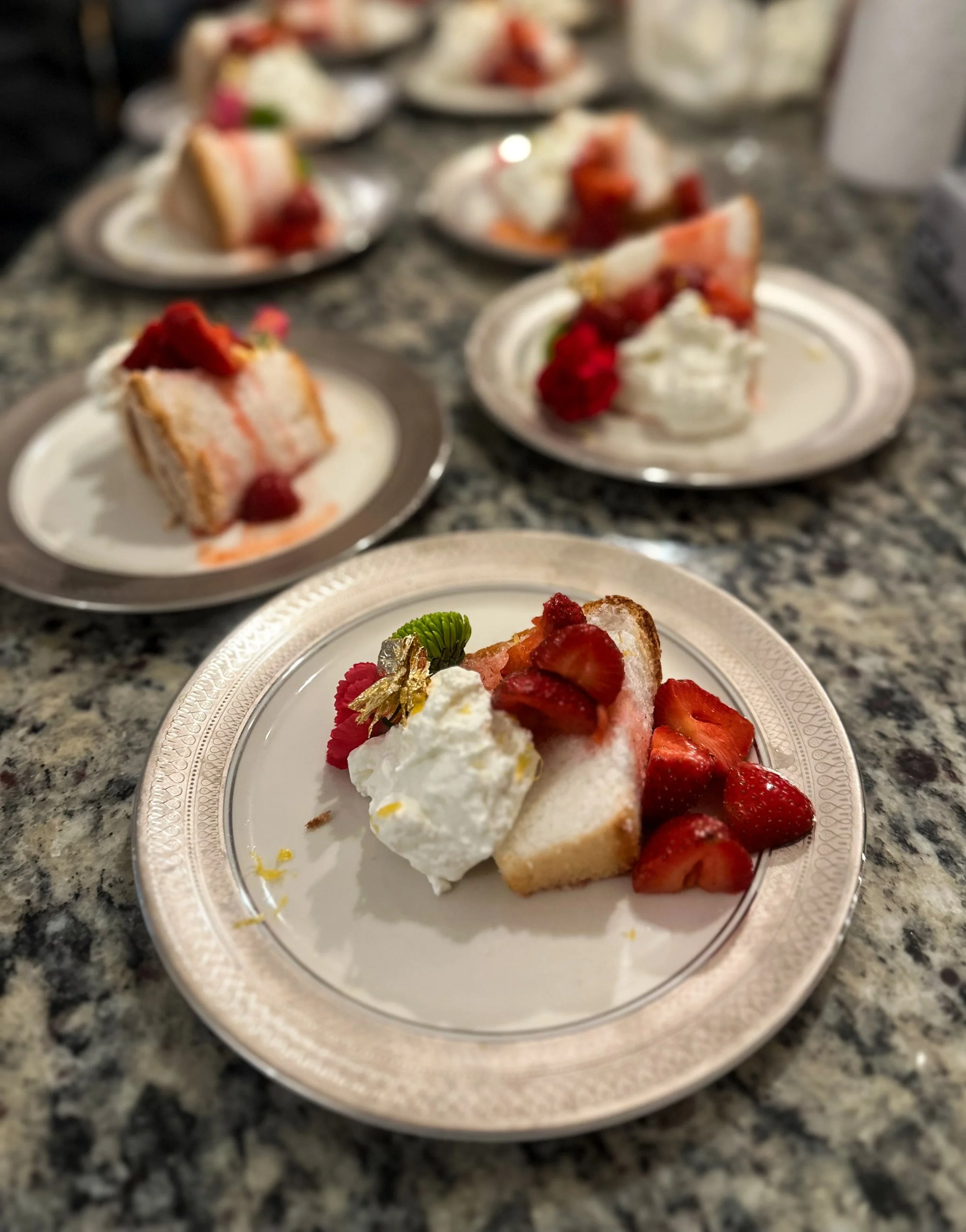 Private Chef Dinner: Angel Food Cake with Lemon Macerated Strawberries, Lemon Scented Whipped Cream + Gold Leaf