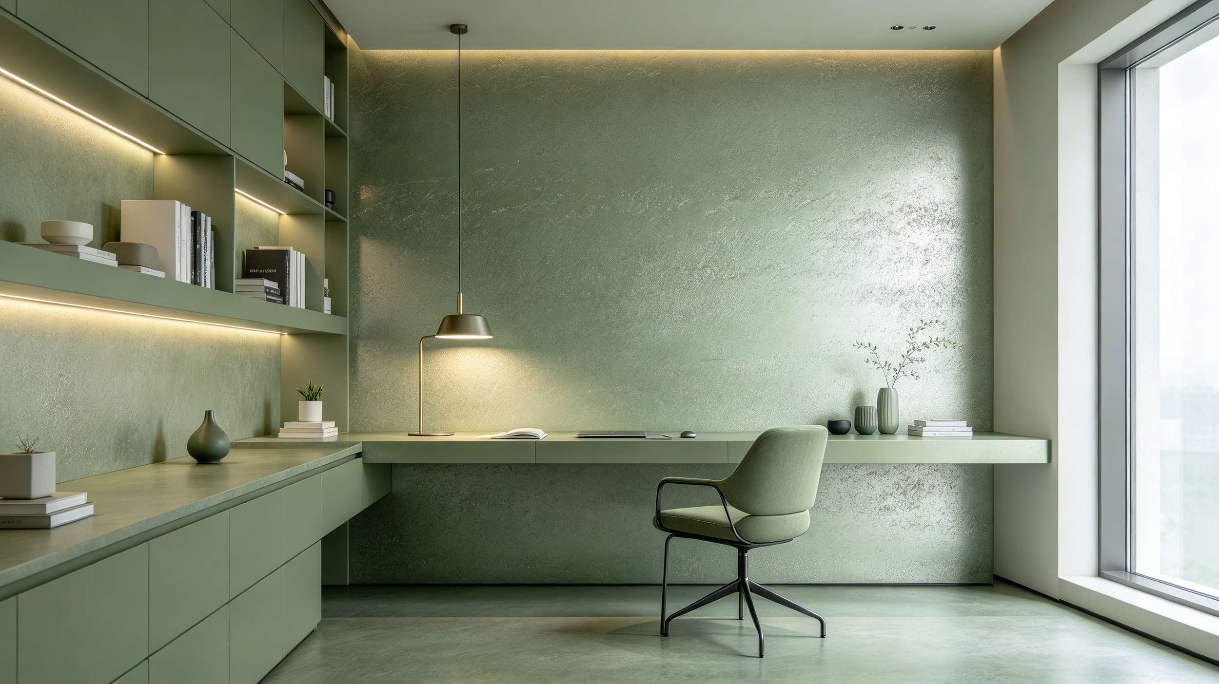 Modern green home office with textured green walls, built-in green cabinets, a long green desk, a green chair, and decorative plants and books, near a large window.