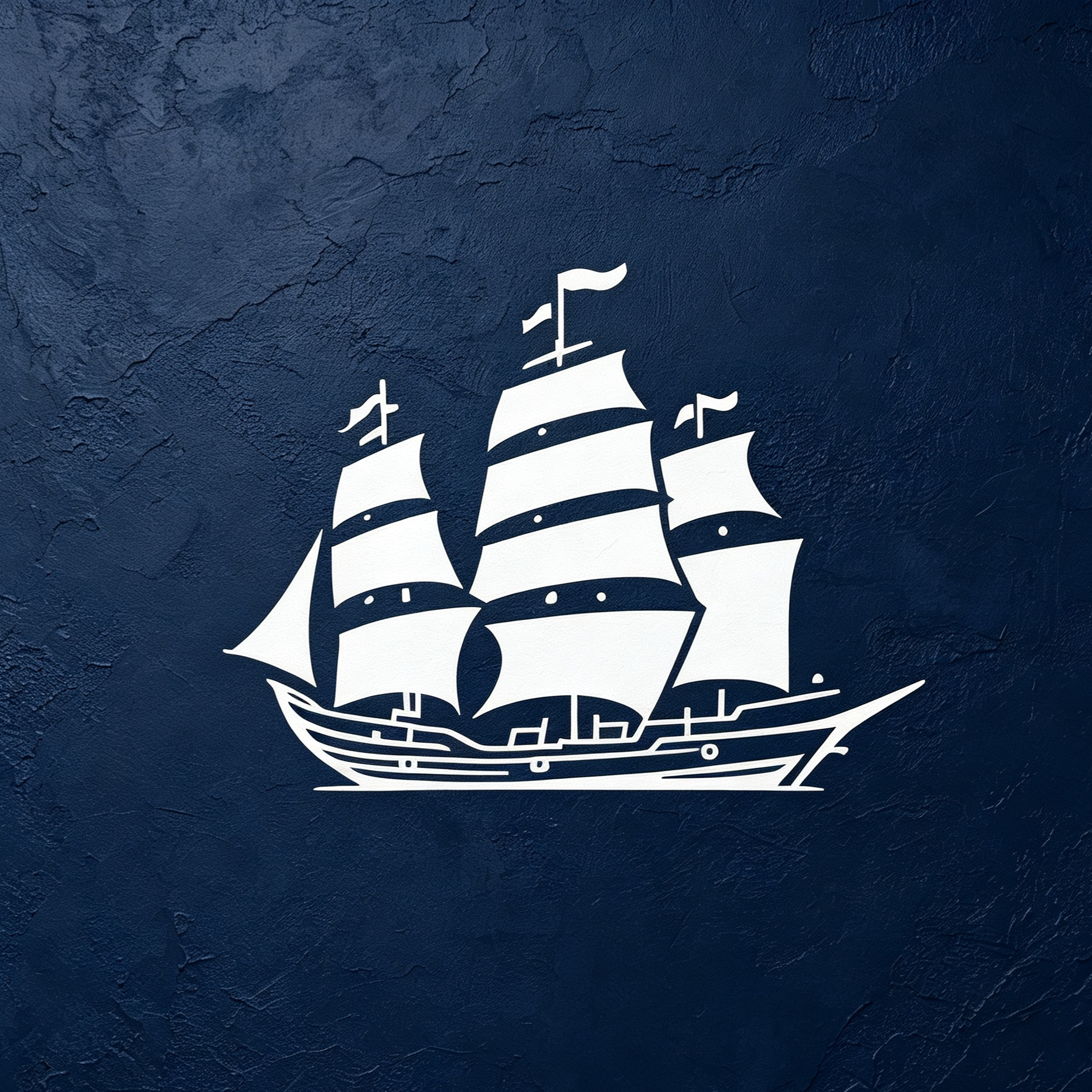 Illustration of a classic wooden sailing ship with multiple sails and flags, set against a dark textured blue background.