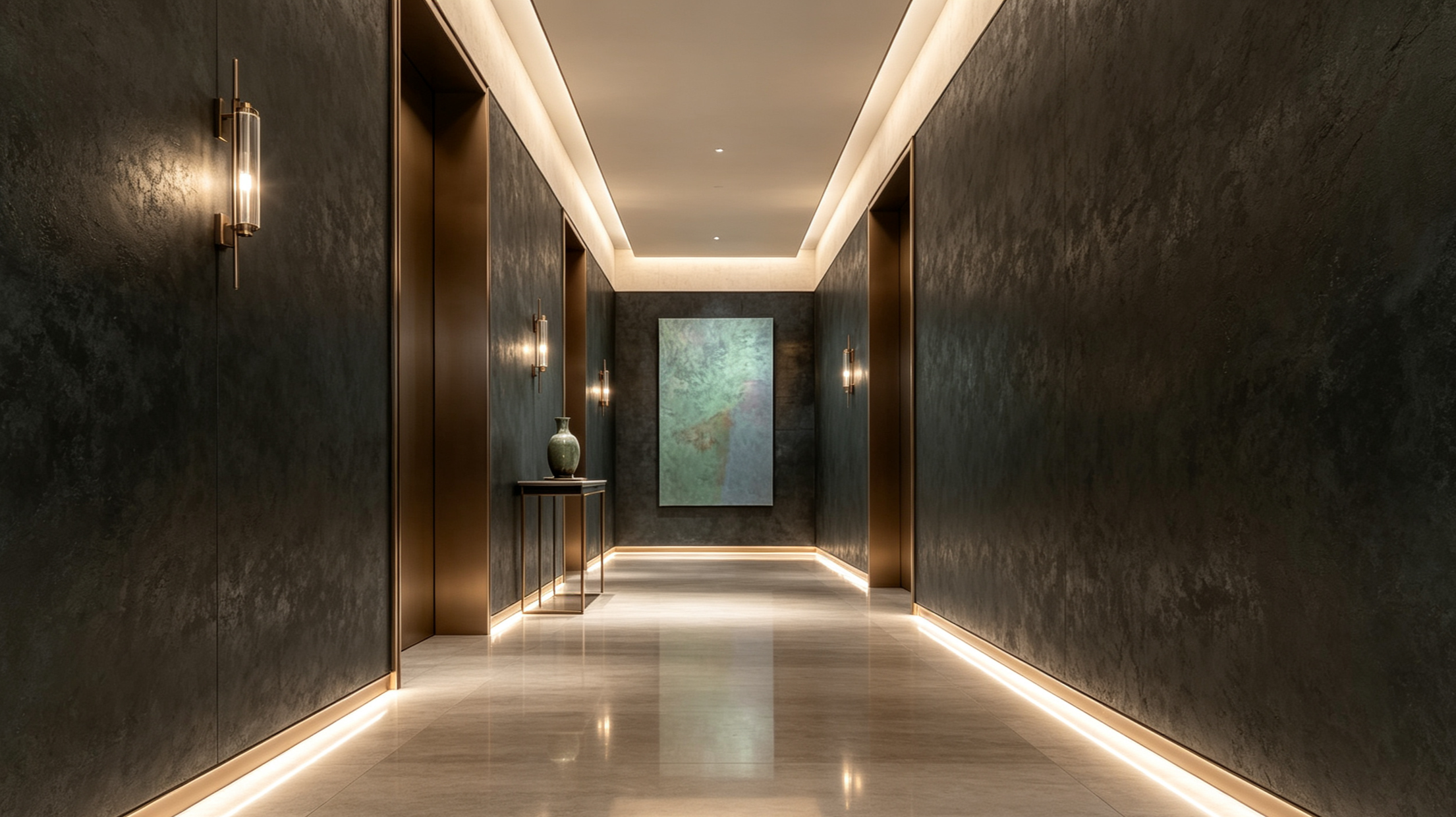 A modern hallway with dark textured walls, warm indirect lighting, and minimalist decor including a small side table with a vase at the end of the corridor.