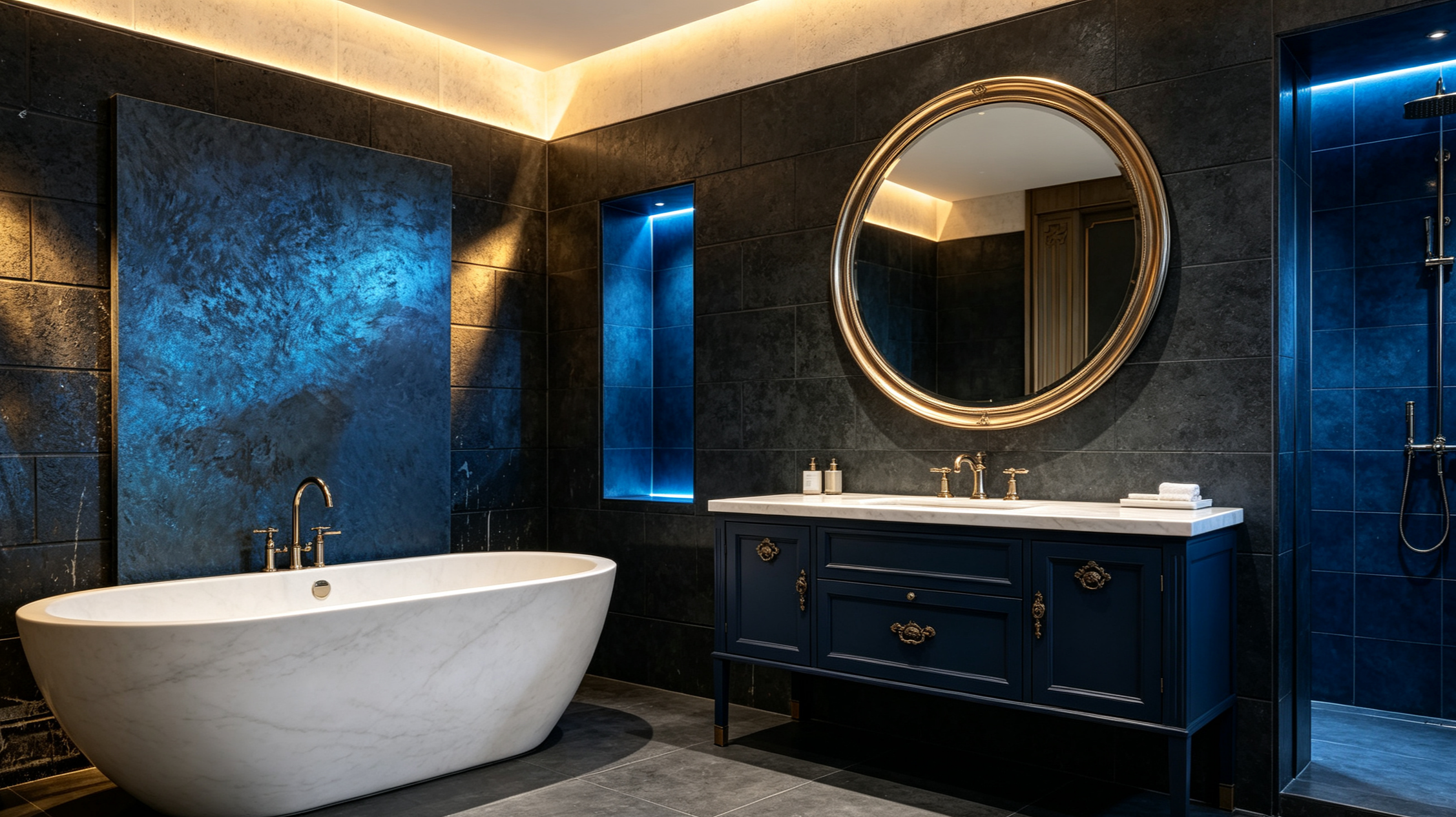 Modern bathroom with dark tile walls, a white freestanding bathtub, a navy blue vanity with gold accents, large round mirror, and a walk-in shower with glass door and rain shower head.