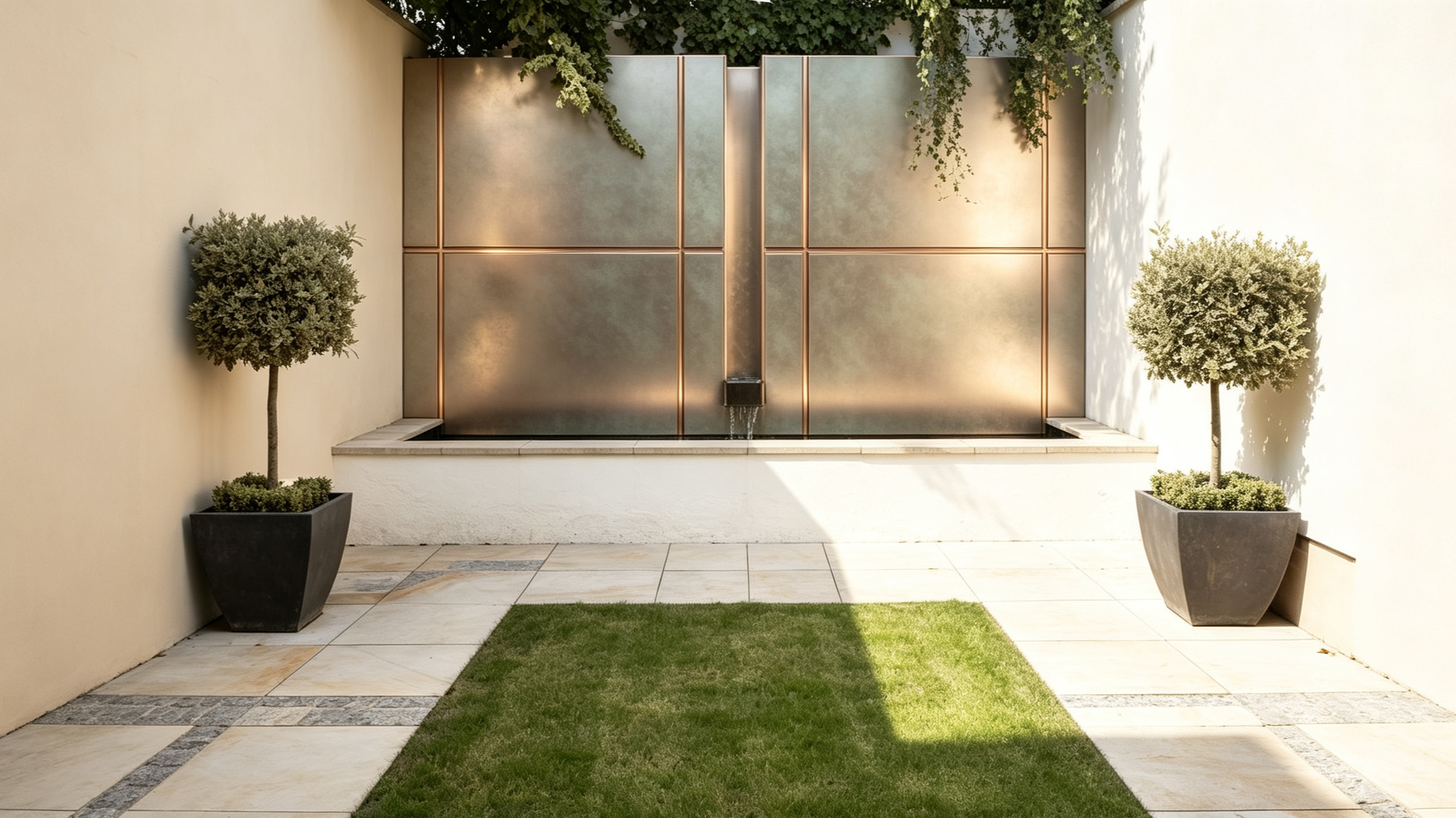 Modern outdoor water feature with water cascading down a metallic wall, flanked by two potted shrub trees, with a small patch of grass and tiled patio.