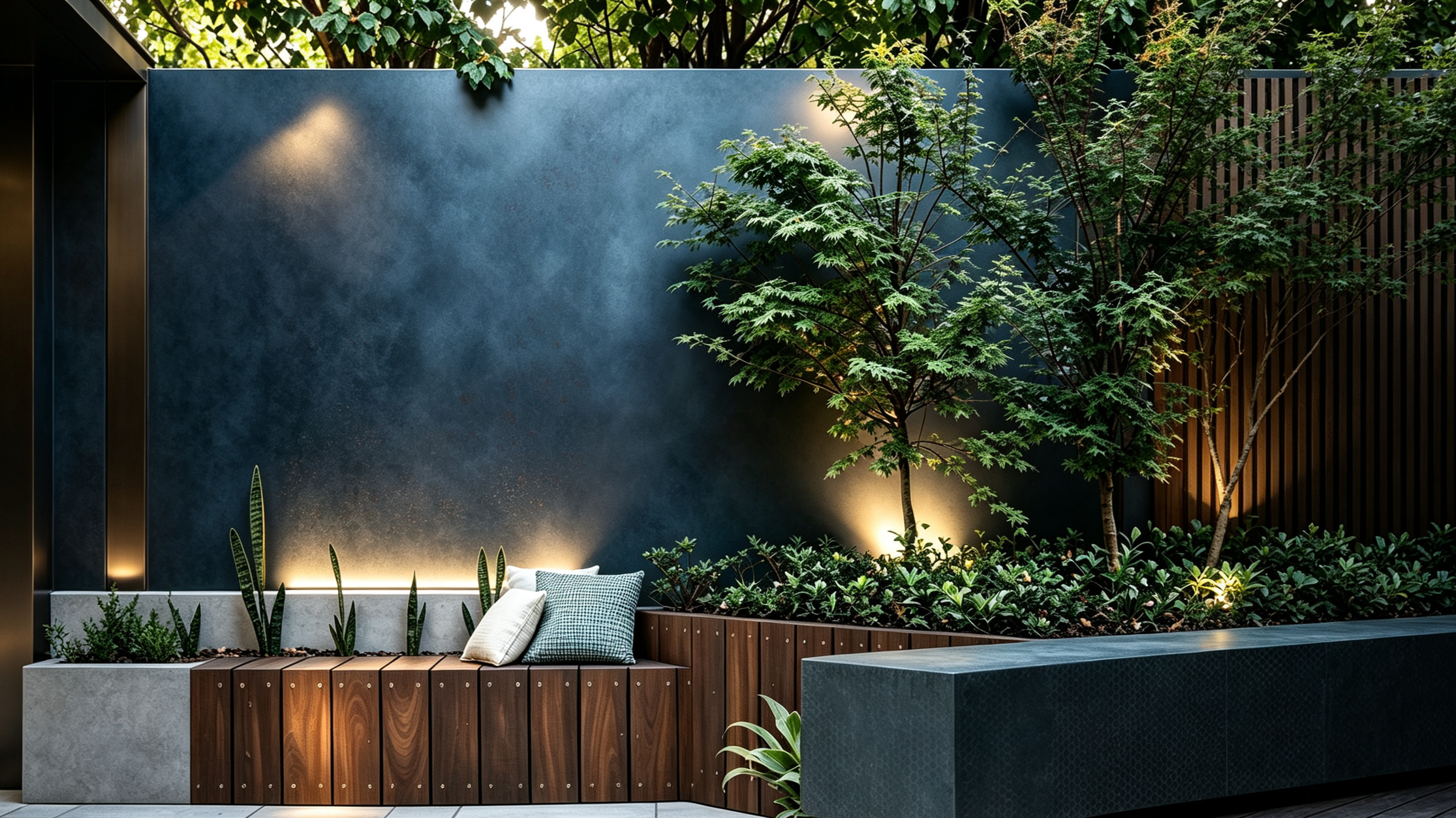 Modern outdoor patio with a tall blue wall, garden bed with various plants and small trees, decorative lighting, and seating area with pillows.