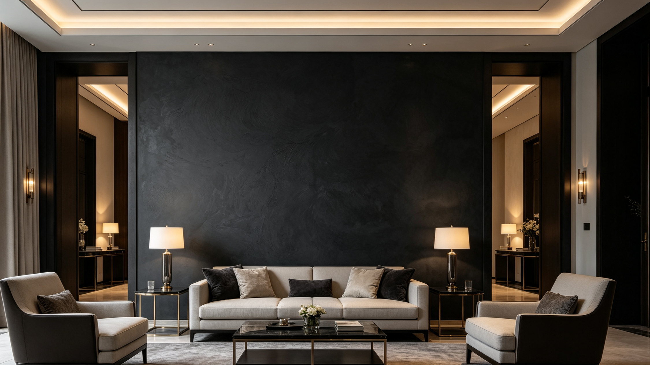 Elegant modern living room with cream-colored sofas, black throw pillows, gold and black side tables, white table lamps, and a large dark accent wall with minimal lighting.