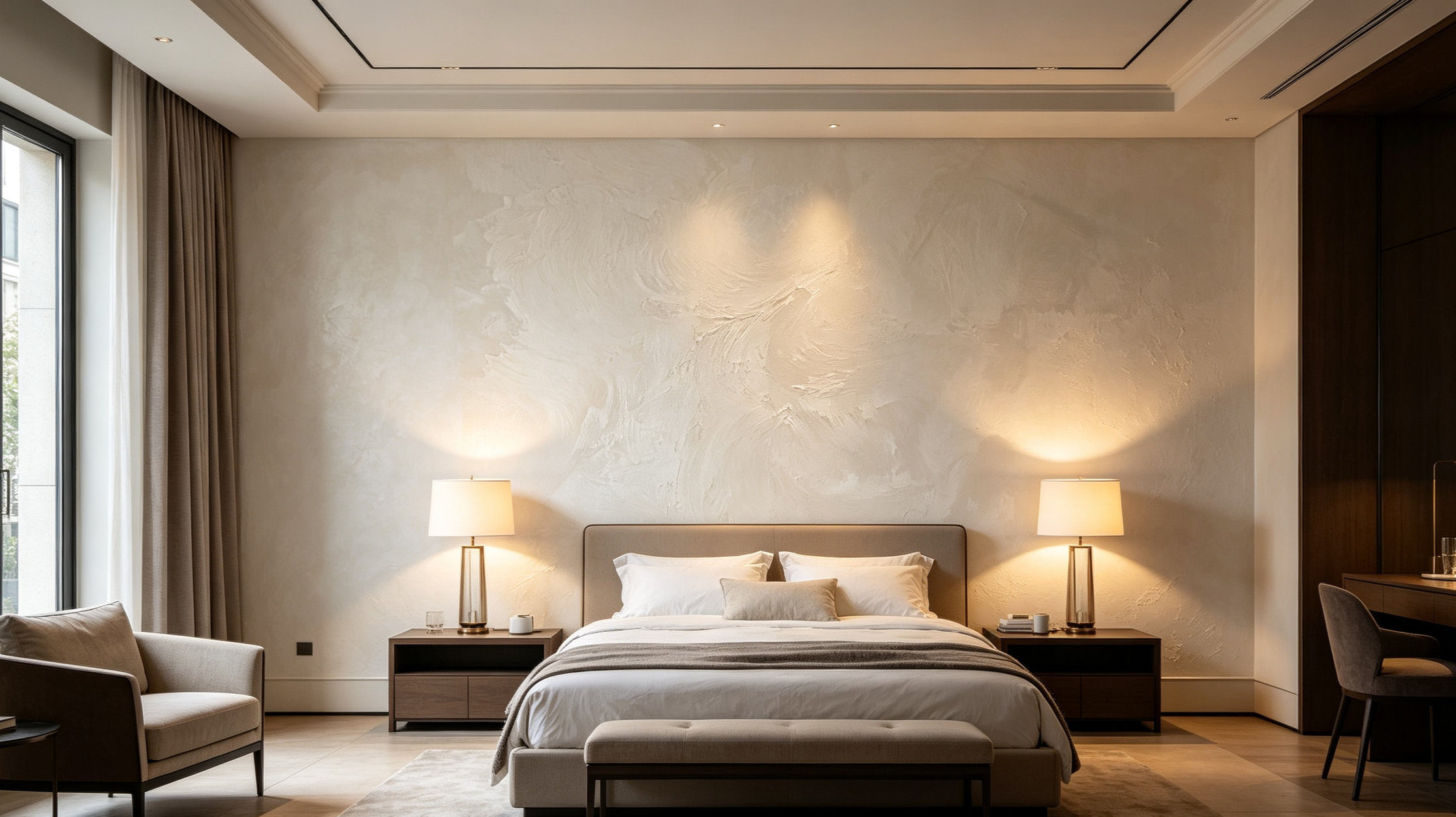 A modern bedroom with a bed, two bedside lamps, and a textured beige wall above. There are chairs, a window with curtains, and a wooden wardrobe in the room.