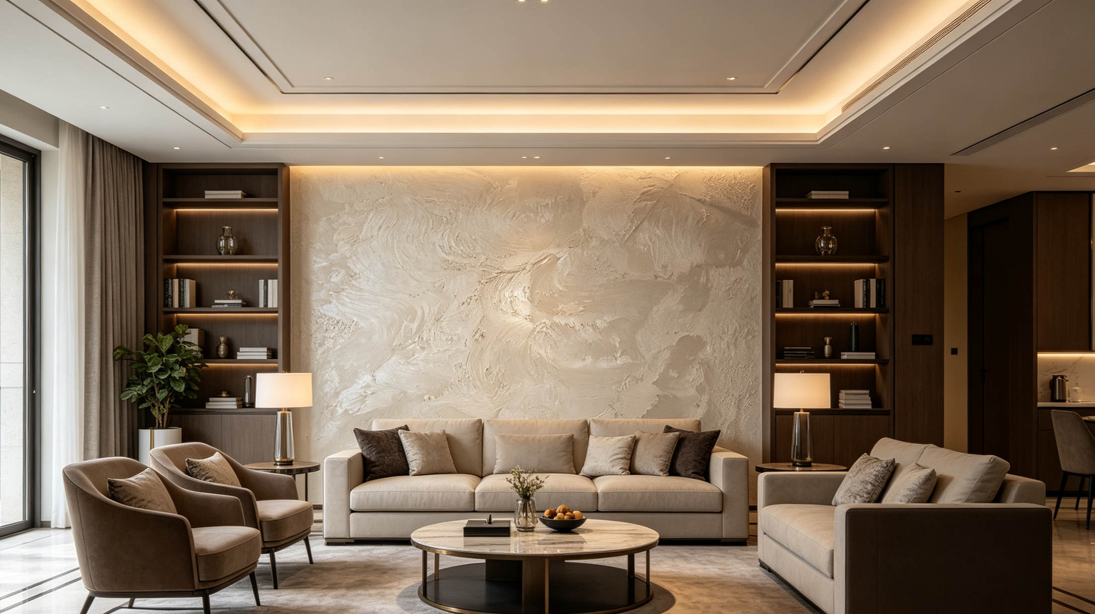 Modern living room with beige sofas, armchairs, a marble coffee table, lighting, and built-in bookshelves with decor, a plant, and table lamps.