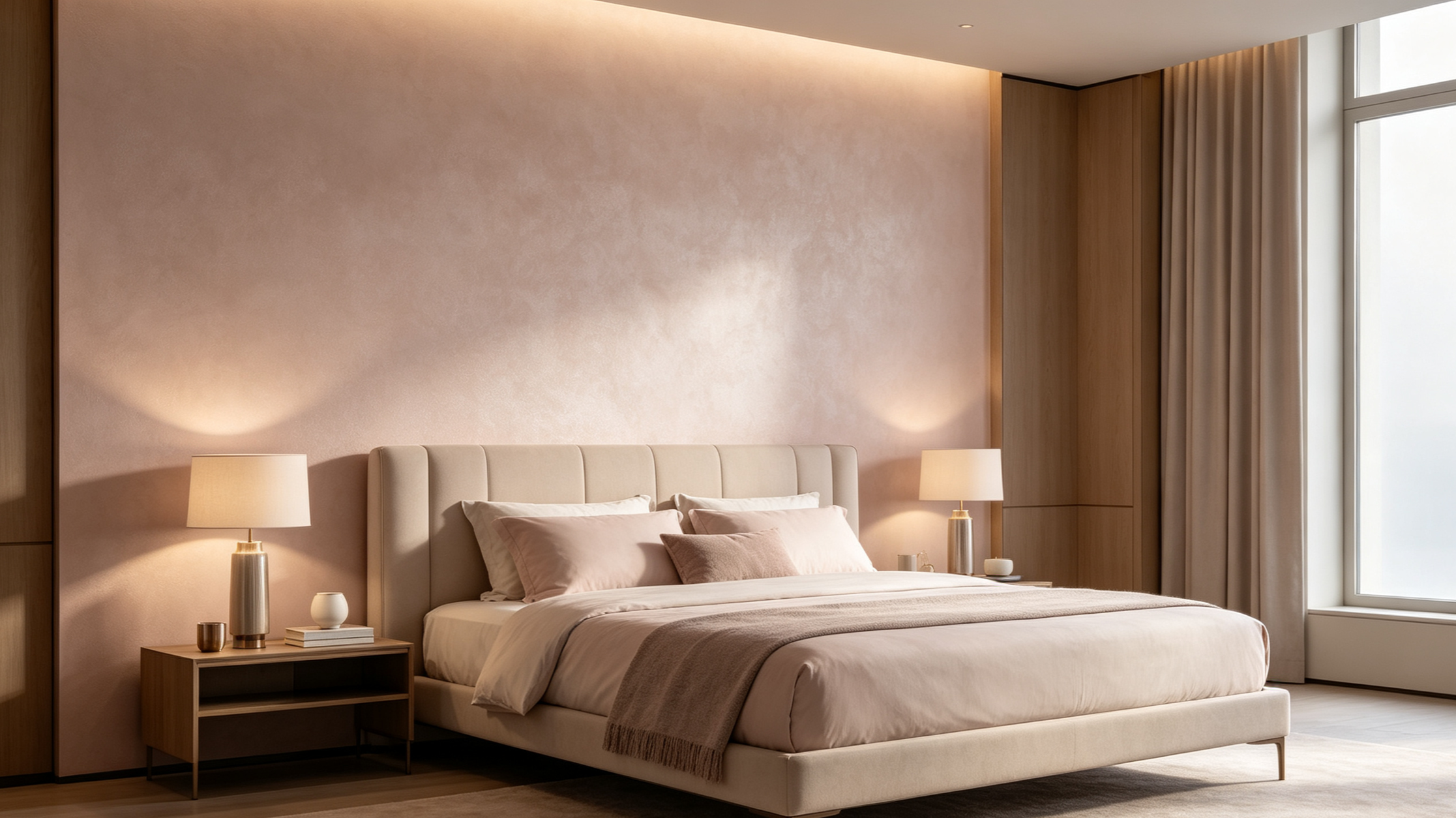Modern bedroom with beige upholstered bed, nightstands with lamps, large window with curtains, soft neutral decor.