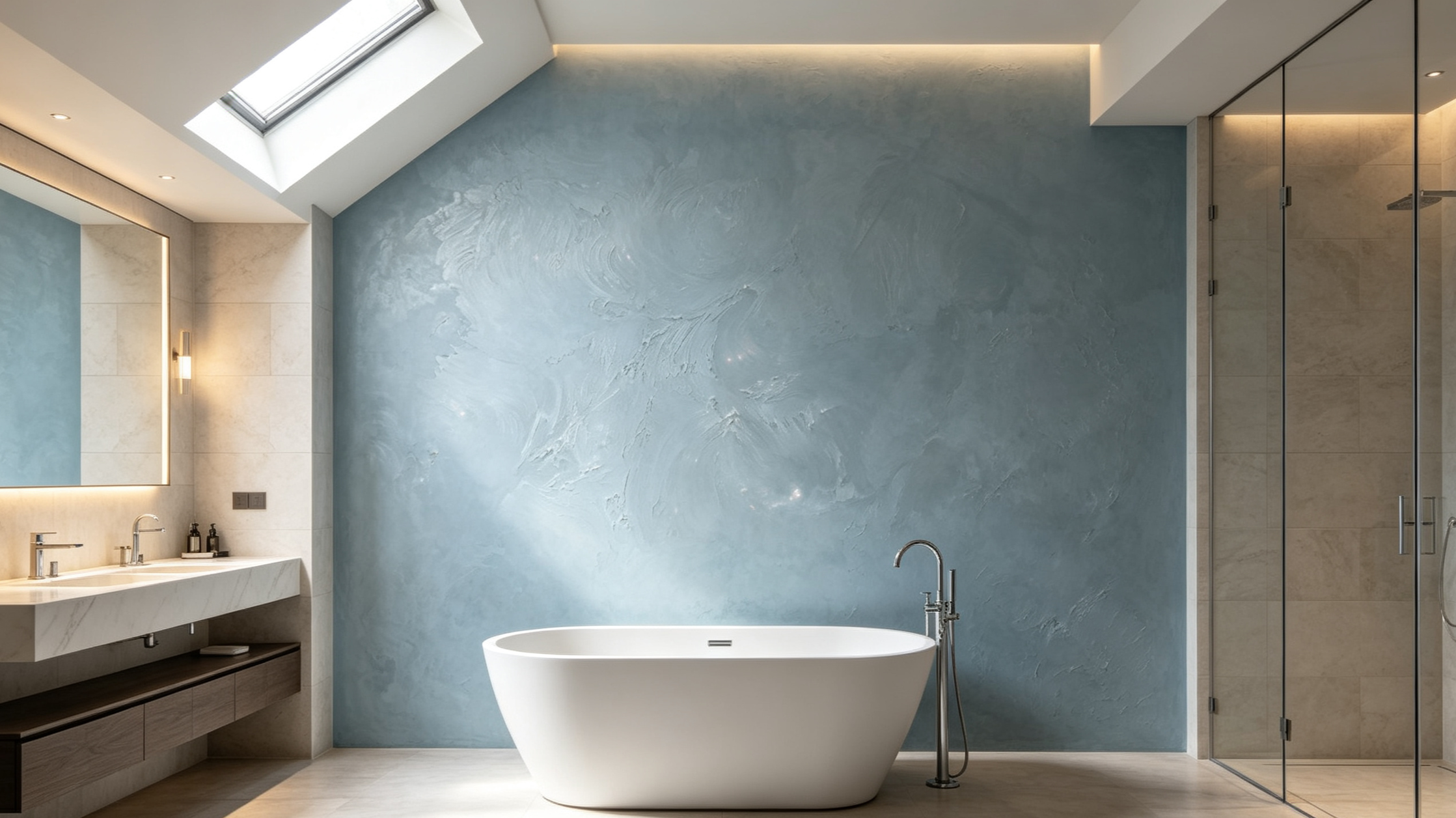 Modern bathroom with a freestanding bathtub, double sink vanity, marble flooring, a large wall-mounted mirror with backlit lighting, a skylight, and a glass shower enclosure.
