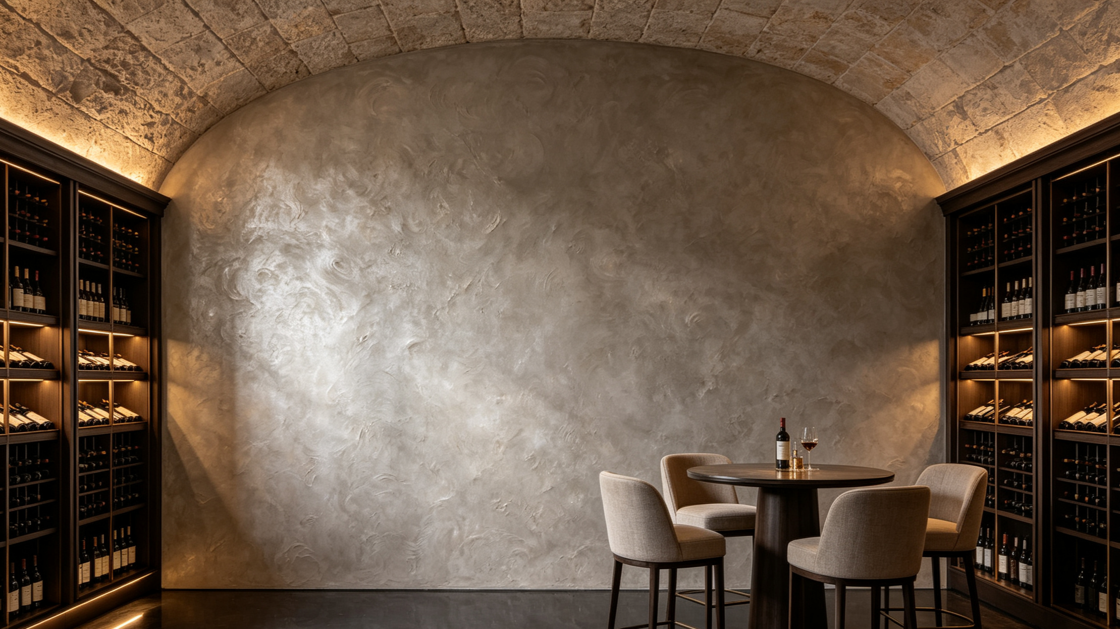 Interior of a wine cellar with a textured plaster wall, wine bottles on dark wood shelves, and a small round table with four chairs, a bottle of wine, and a glass of wine.