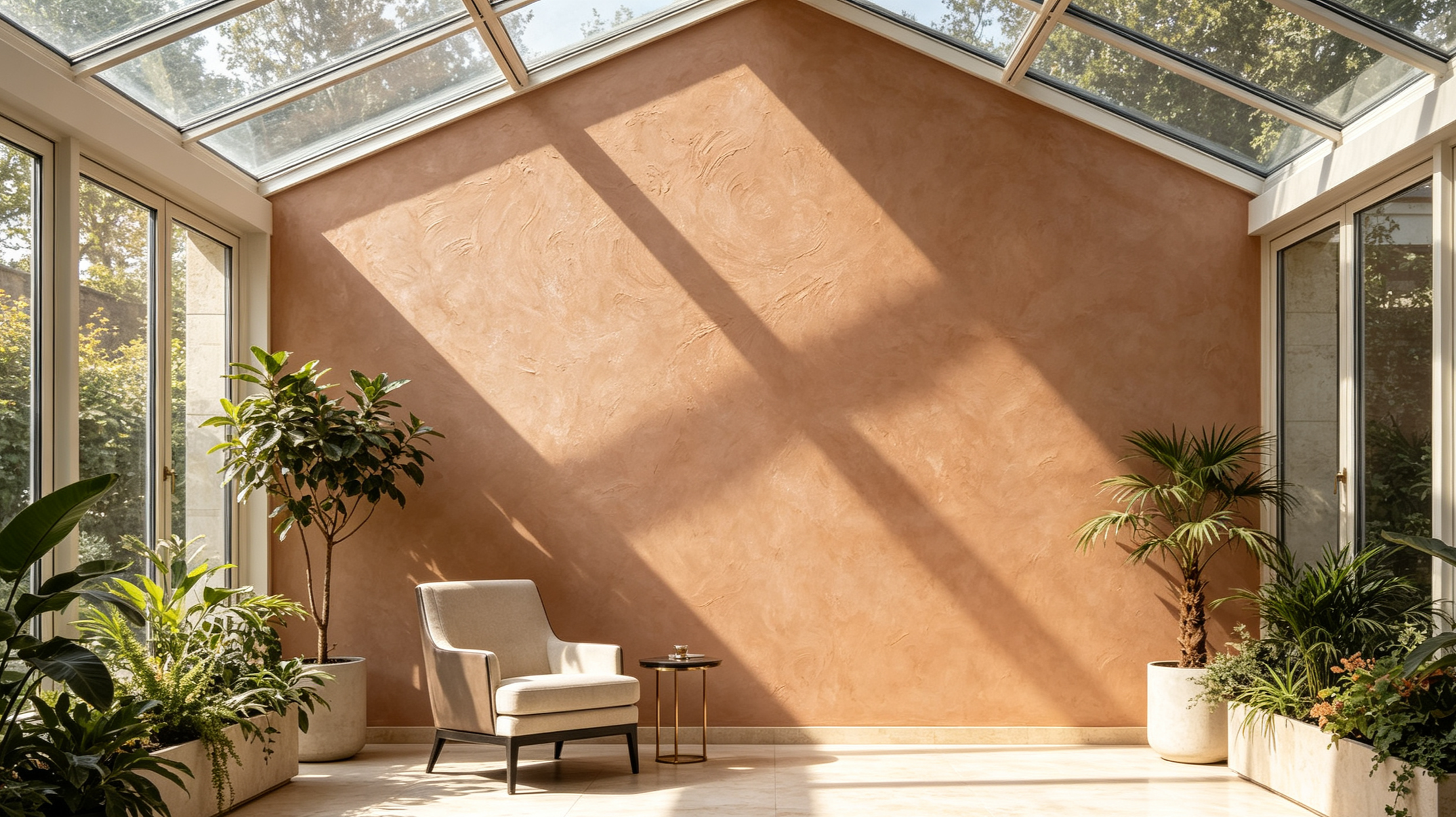 Sunlit conservatory with large windows, pink textured wall, and potted indoor plants surrounding a white armchair and small side table.