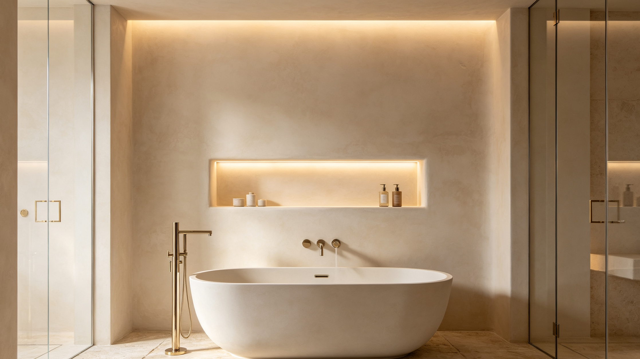 Modern bathroom with a freestanding bathtub, minimalist shelves with toiletries, and glass shower doors.