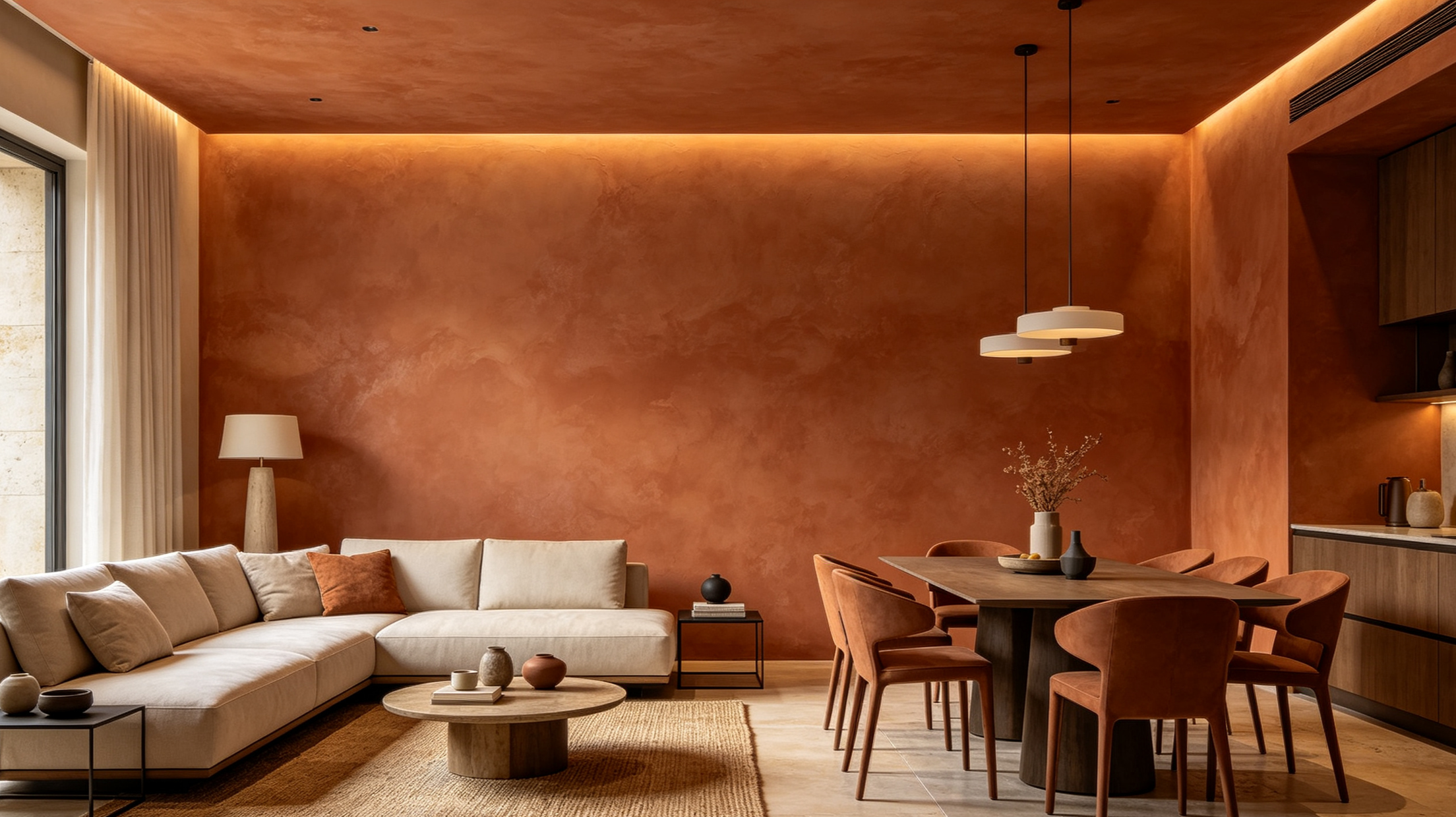 Modern living room and dining area with a beige sofa, orange accent chairs, and decorative vases against a textured orange wall, illuminated by warm lighting.