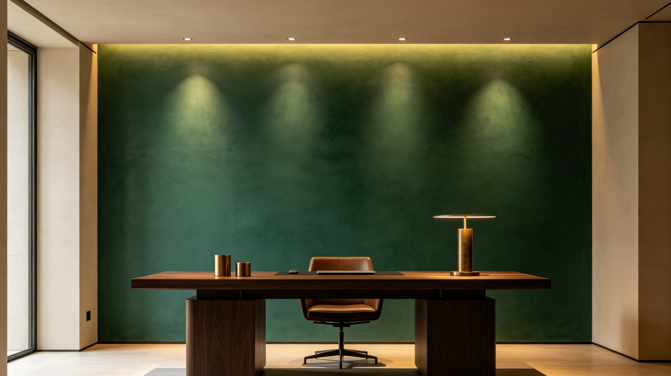 Modern minimalist office with a wooden desk, leather chair, green accent wall, and brass table lamp, illuminated by overhead lights.