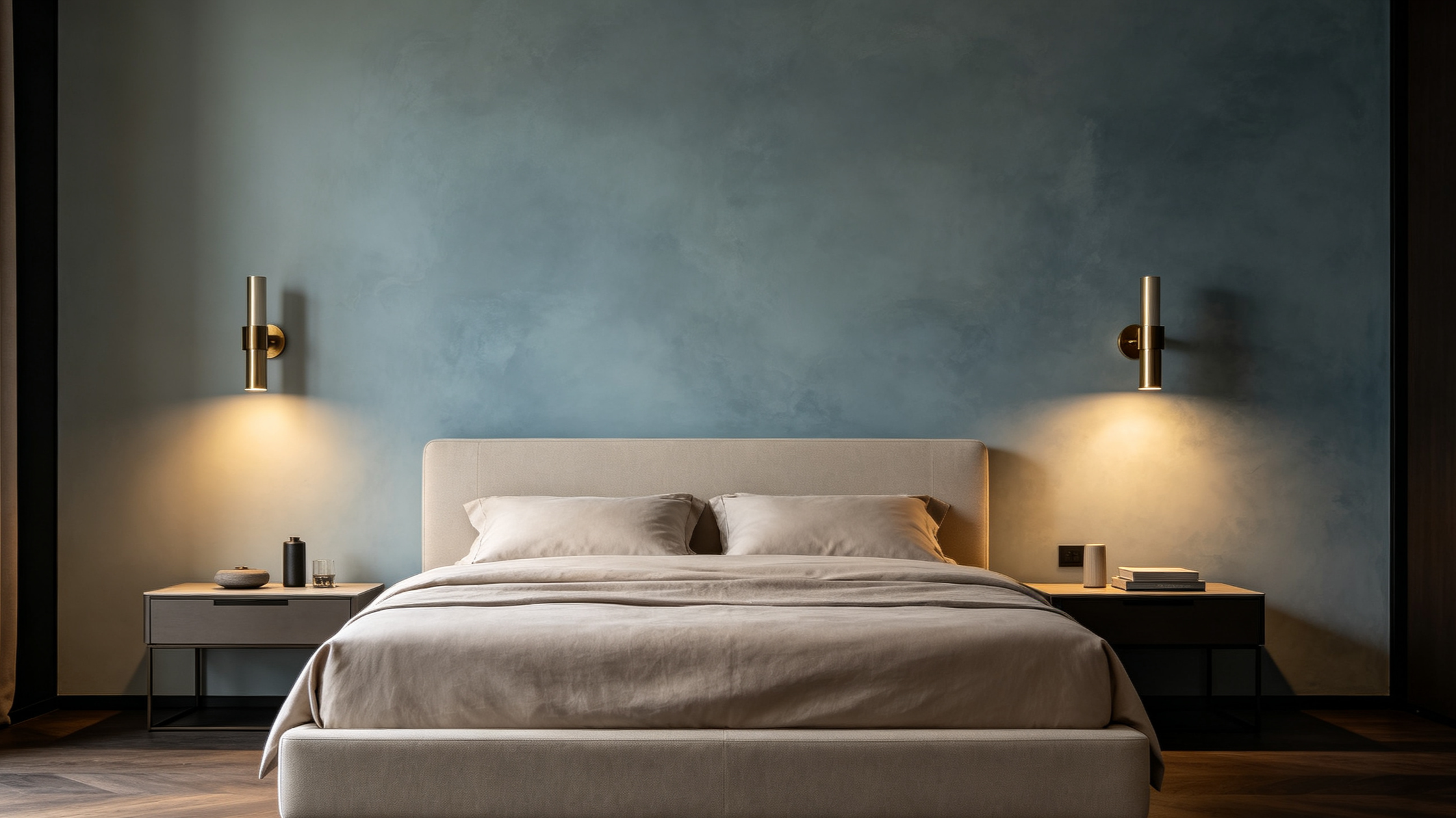 Modern bedroom with a large bed, beige bedding, and two matching nightstands with lamps, against a blue textured accent wall.