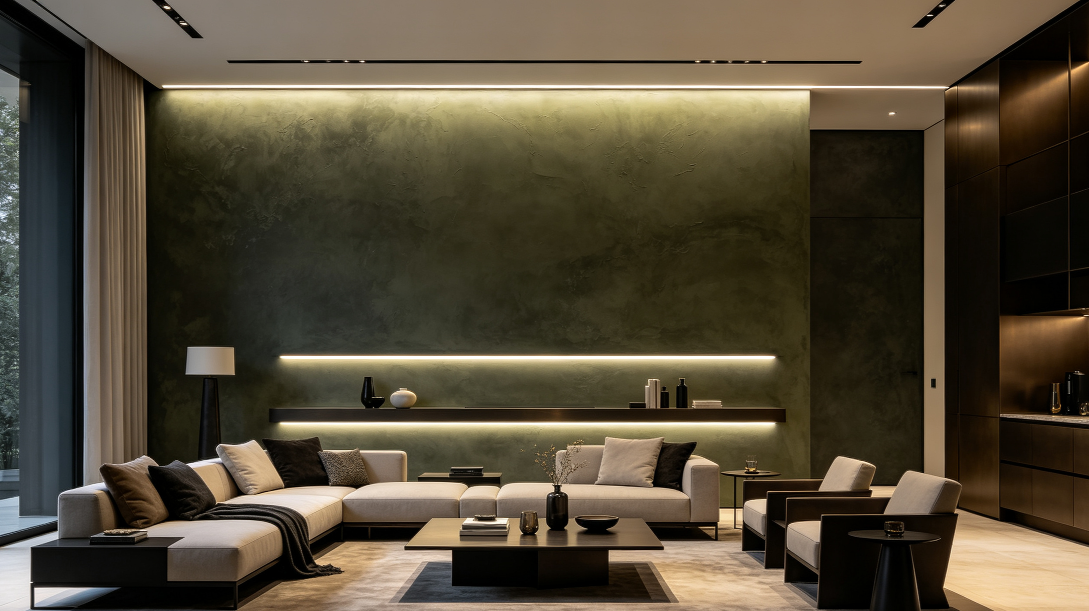Modern living room with beige sectional sofa, black and white pillows, black side tables, minimalist decor, and a green textured accent wall with integrated lighting