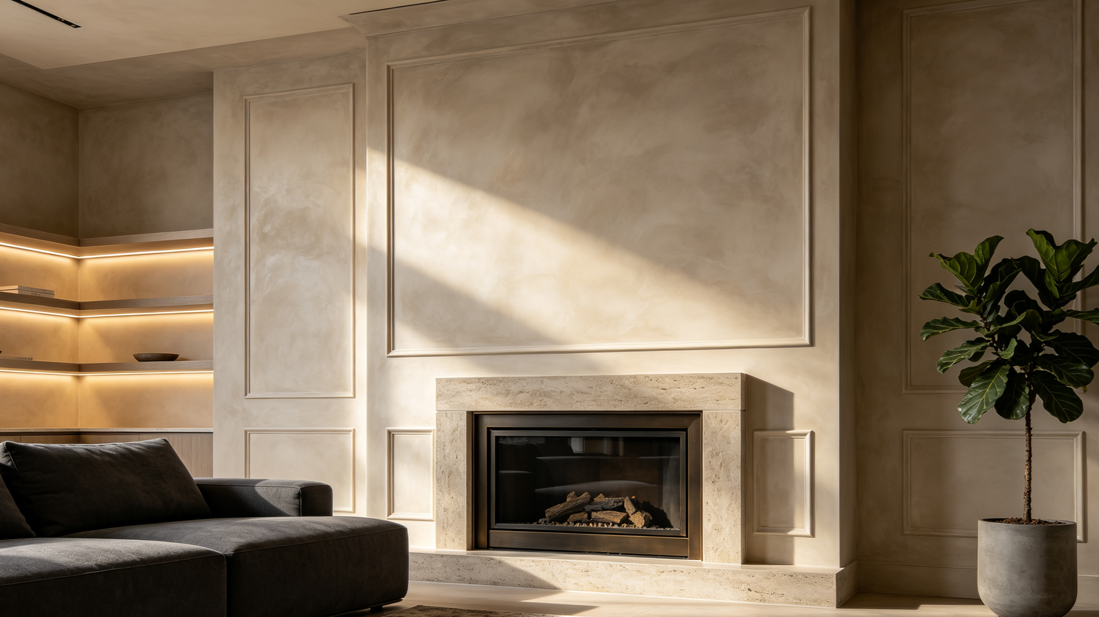 Living room with a modern fireplace, beige paneled walls, a green potted plant, and a dark sofa.