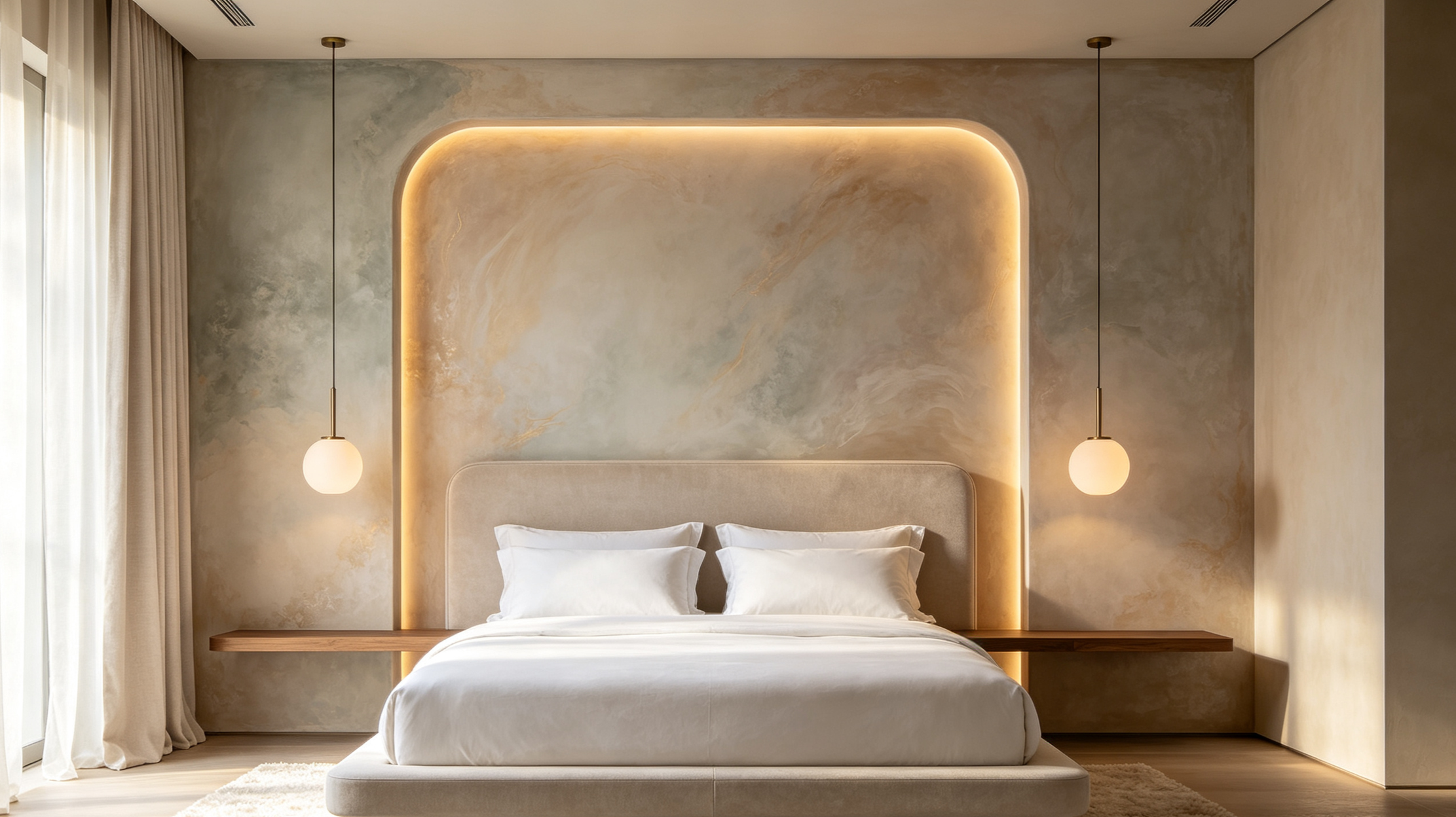 Modern bedroom with a bed, beige headboard, white bedding, pendant lights, and a textured accent wall with warm lighting.