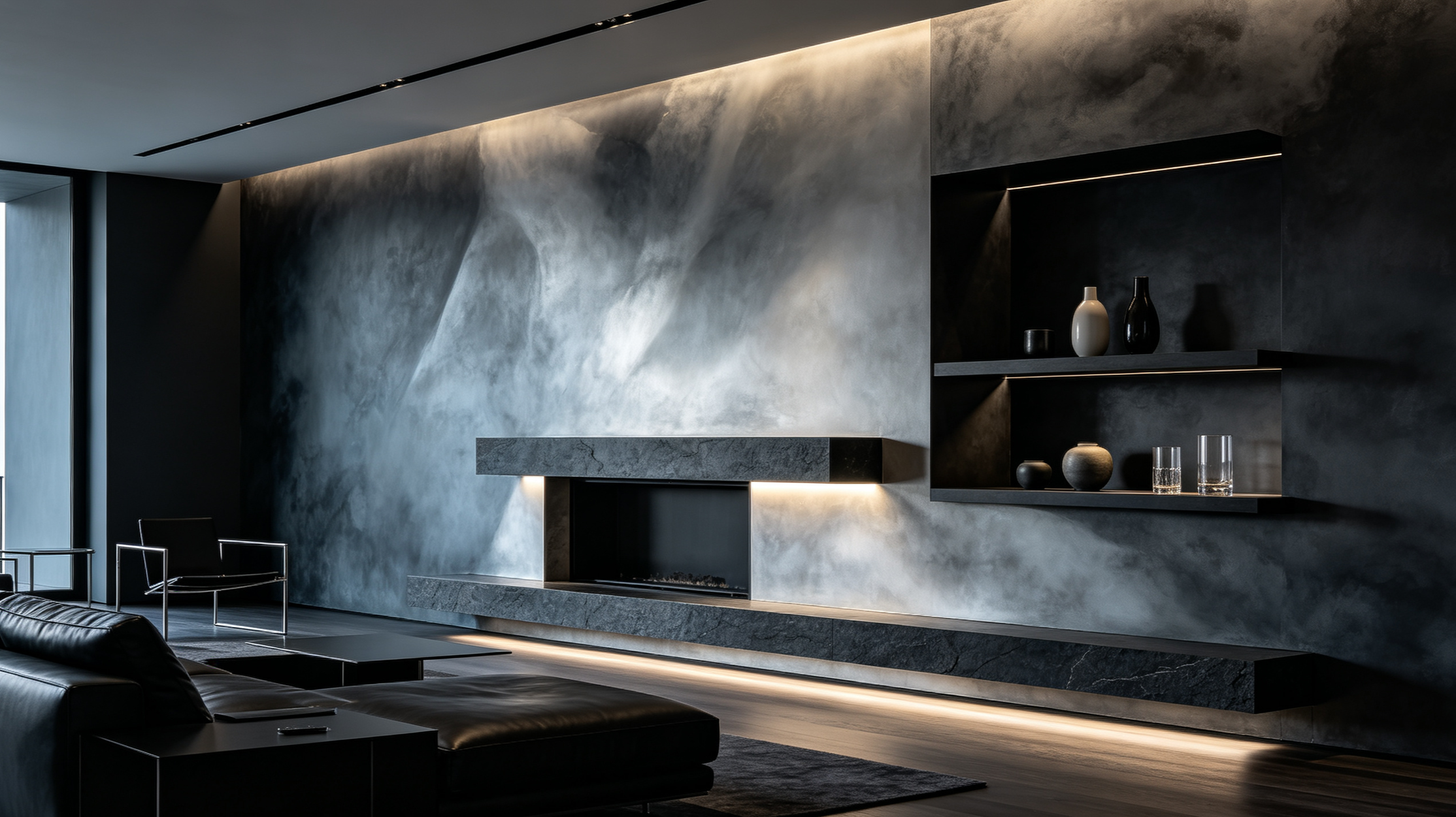 Modern living room with dark minimalistic decor, featuring a built-in concrete fireplace, black shelves with vases, and black leather sofa.
