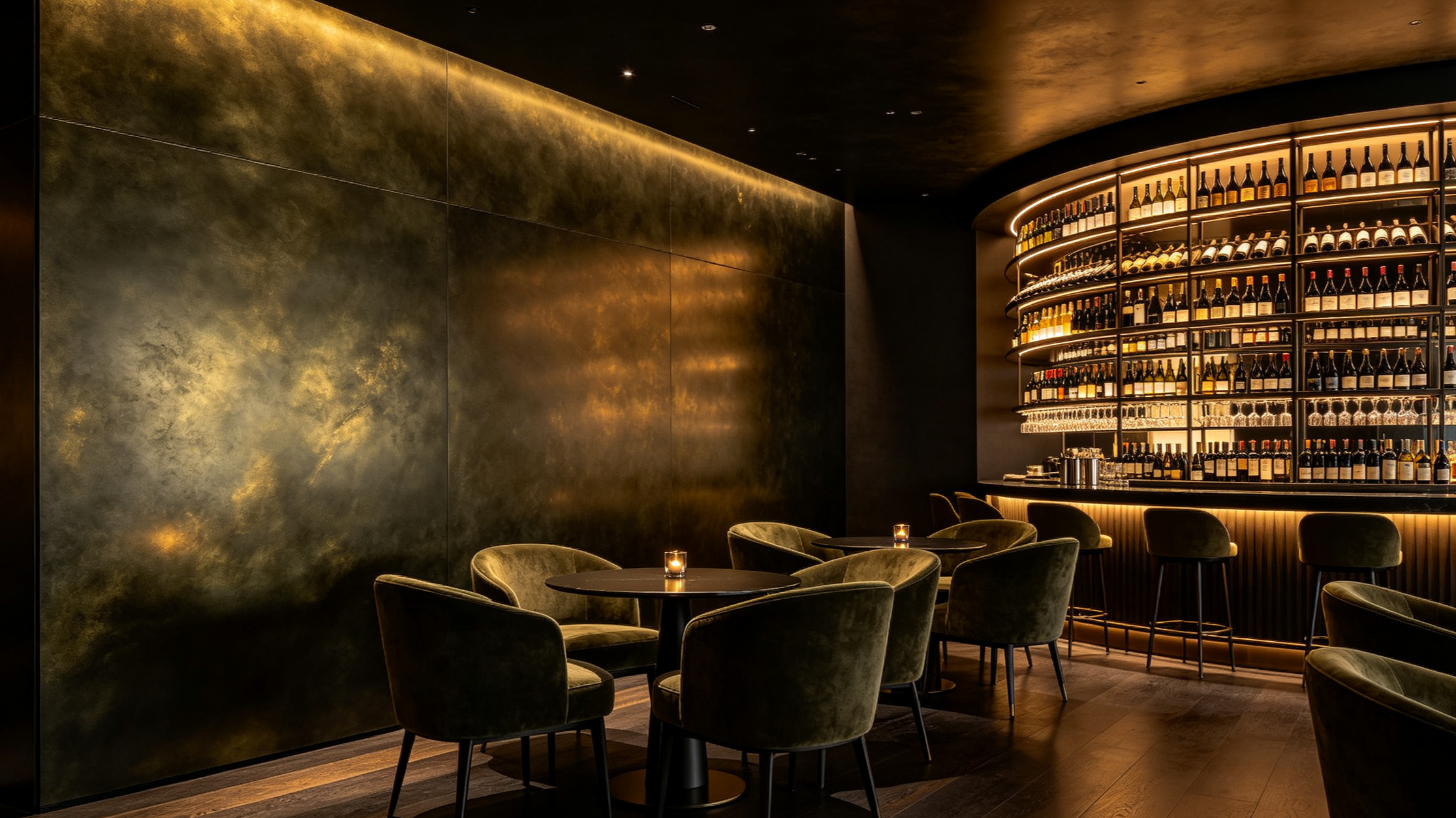 Interior of a modern bar with a curved shelf filled with wine bottles and glasses, dim lighting, dark walls, and plush chairs around small tables with candles.