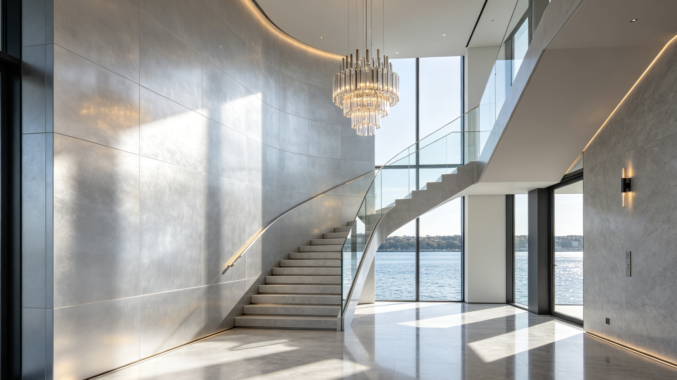 Interior of a modern building with a curved staircase, large windows overlooking a body of water, minimalist walls with lighting accents, and a chandelier hanging from the ceiling.