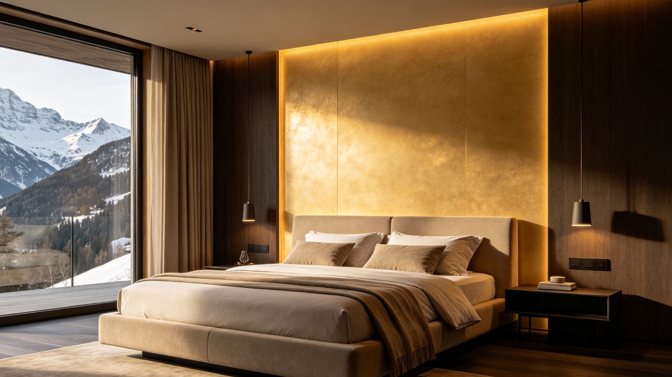 Modern bedroom with a large window view of snow-capped mountains and a cozy bed with pillows and blankets.