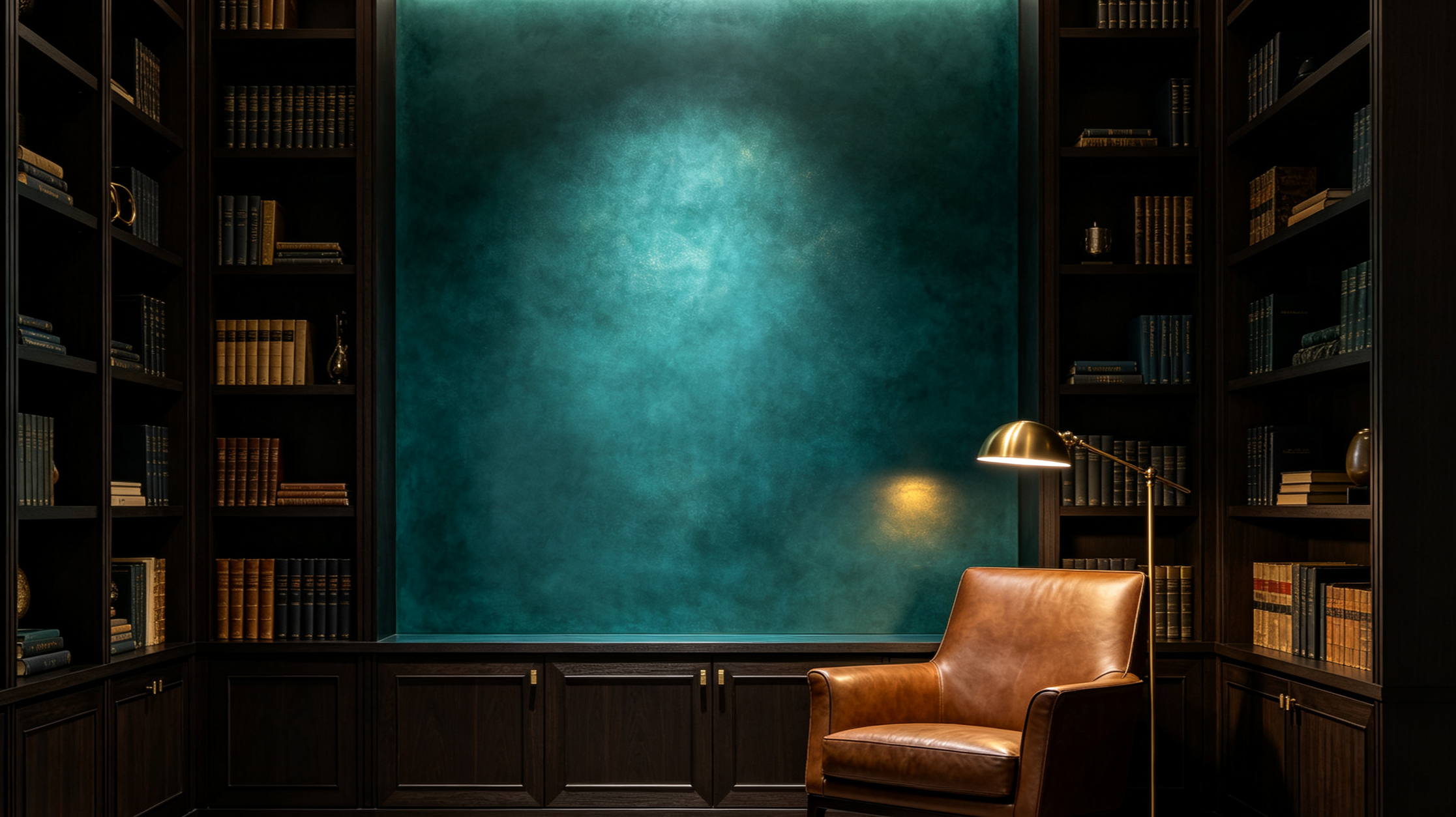 A study room or library with dark wooden bookshelves lined with books, a teal textured wall, a brass desk lamp, and a brown leather chair.