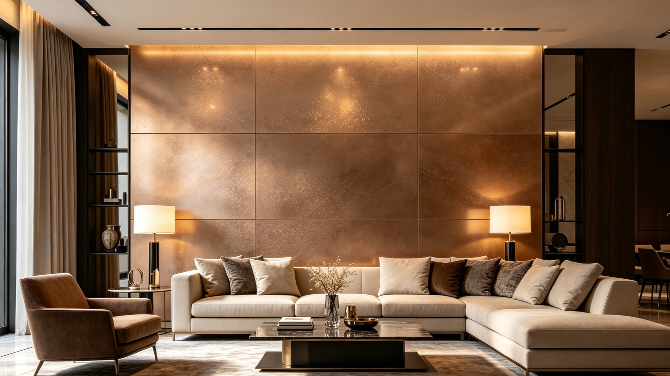 Modern living room with beige sectional sofa, brown armchair, dark wood coffee table, two table lamps, decorative vases, and a textured gold wall behind the seating area.