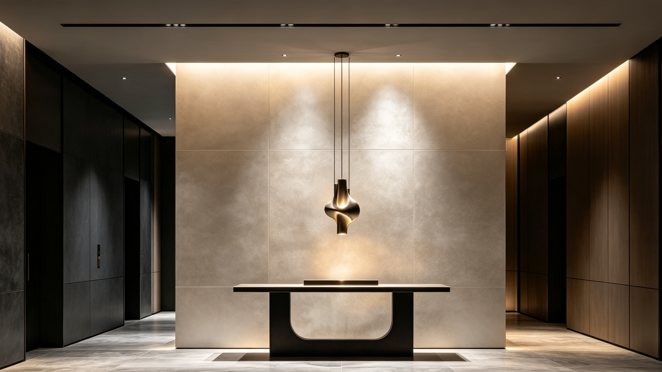 Modern, minimalist interior with a pendant light fixture hanging from the ceiling, a sleek table, and wooden and dark-colored wall panels.