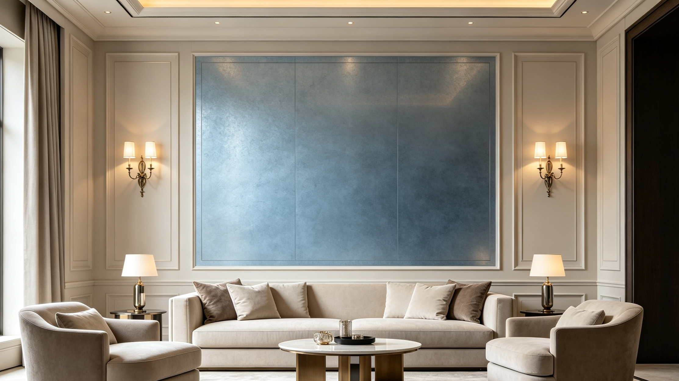 A luxurious living room with cream-colored sofas, beige armchairs, and a marble coffee table, set against a blue accent wall and cream-paneled walls, illuminated by wall sconces and lamps.