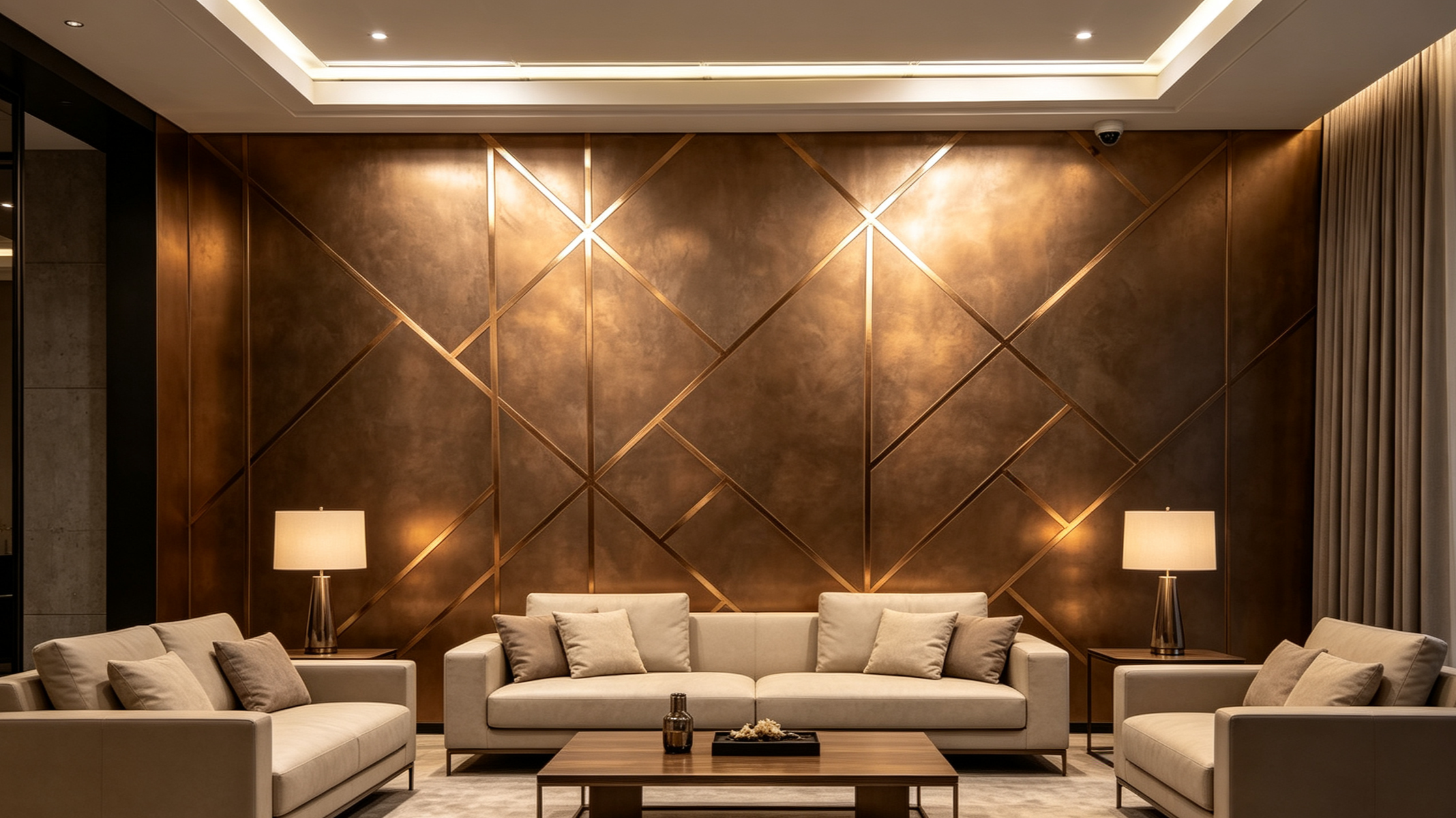 Elegant hotel lobby with beige sofas, two lamps, and a large decorative brown wall with gold accents, under recessed ceiling lighting.