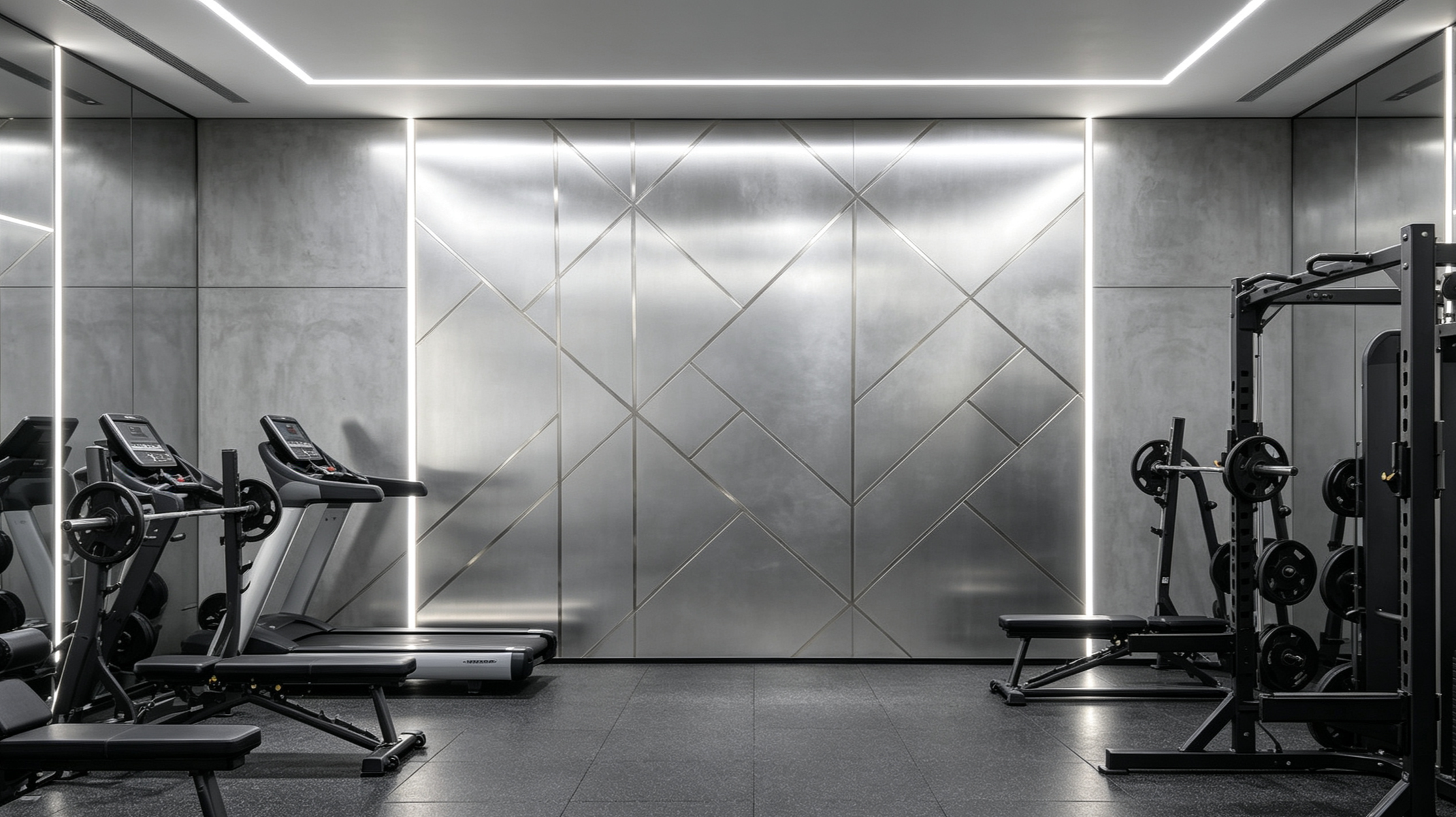 Modern gym with workout equipment including treadmills and weight machines, sleek gray walls, and illuminated ceiling strips.