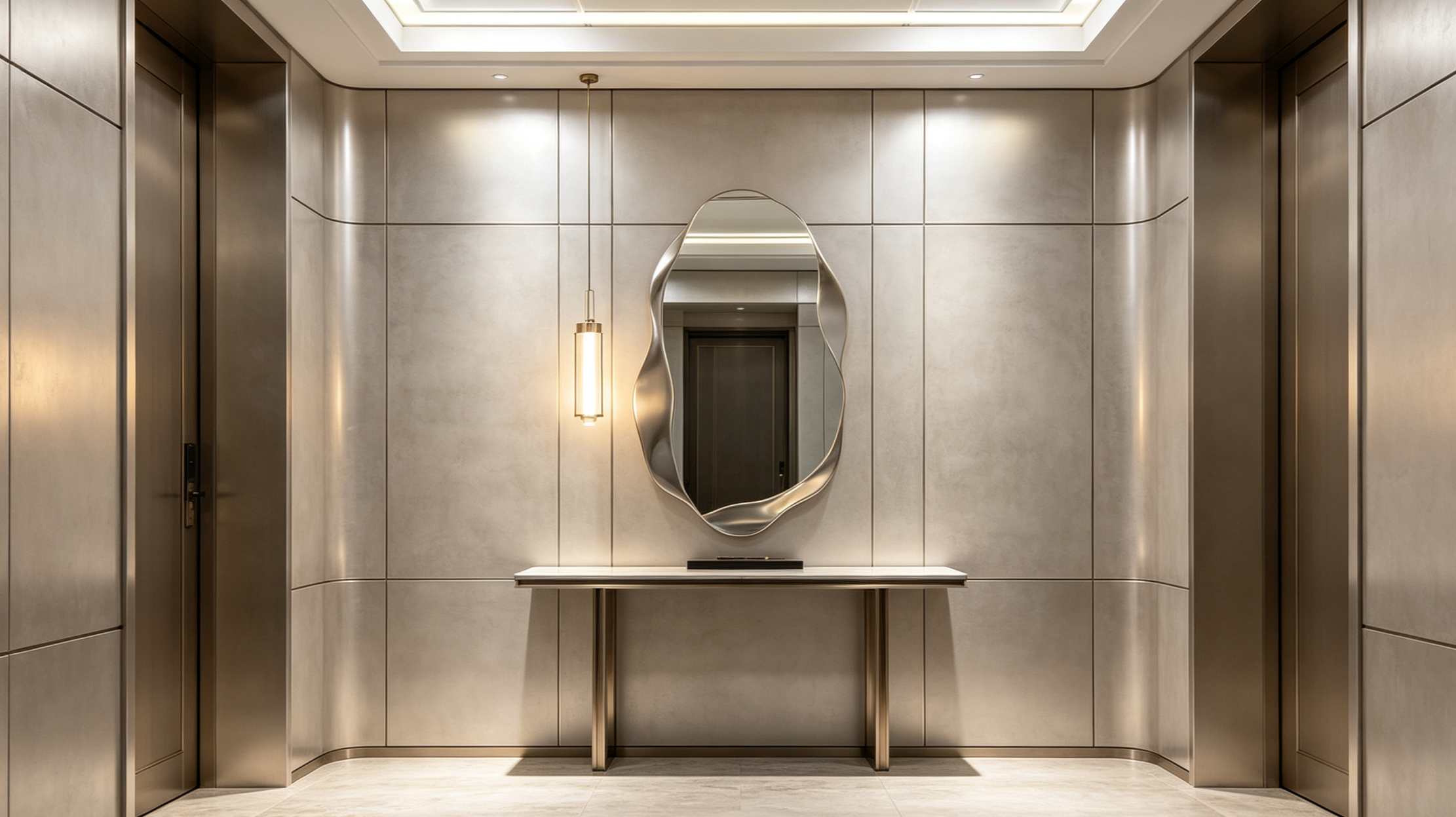 Modern hotel elevator lobby with polished metal finish walls, a decorative mirror with an irregular shape, a small console table, and a hanging pendant light.