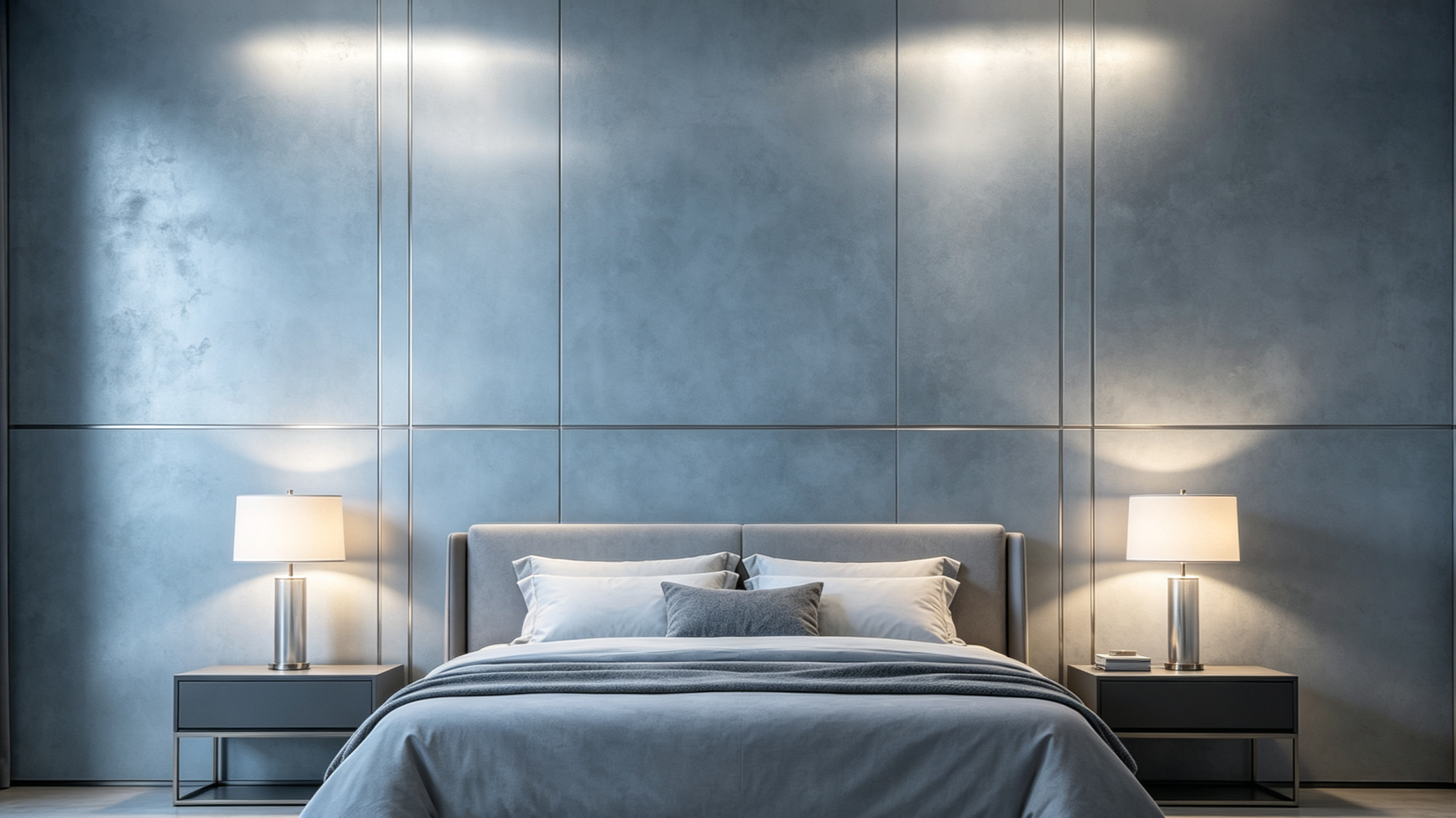 Modern bedroom with a large bed, white bedding, and gray pillows. Flanked by two matching nightstands with lamps on each side, against a blue paneled wall.
