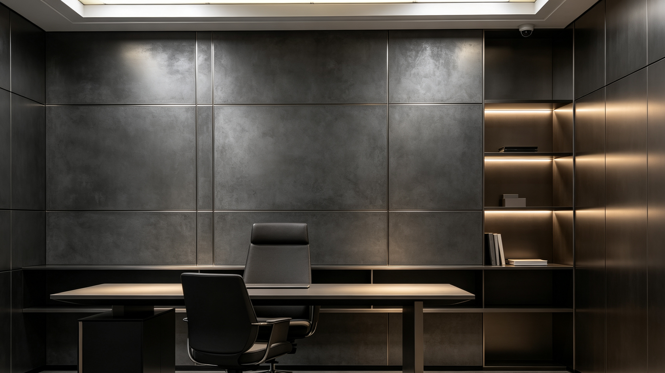Modern black office with a desk, a black office chair, and built-in shelves with books and decorative items, featuring dark gray walls and integrated lighting.