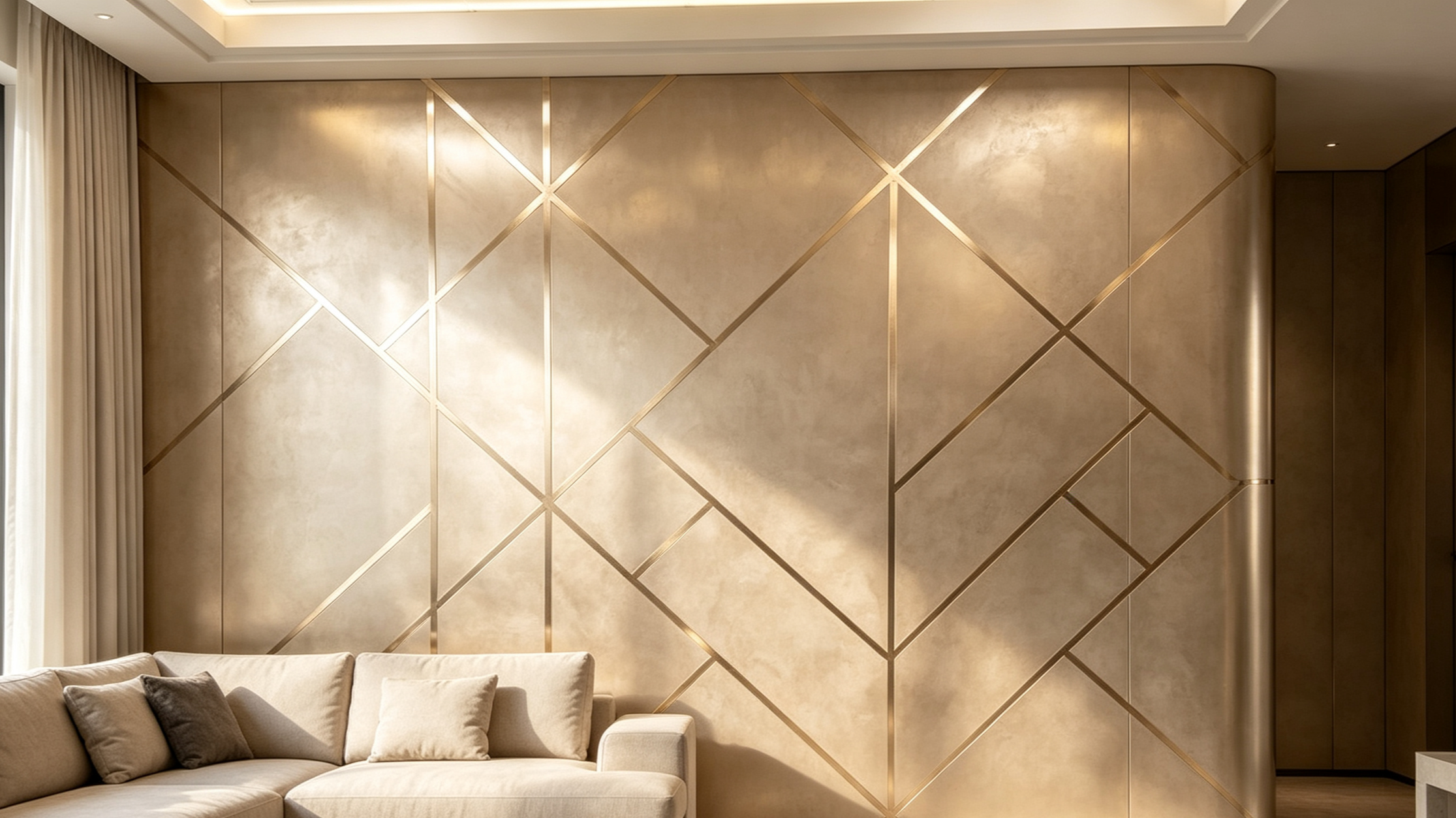 Interior of a modern living room with a beige sectional sofa with pillows and a gold geometric accent wall.